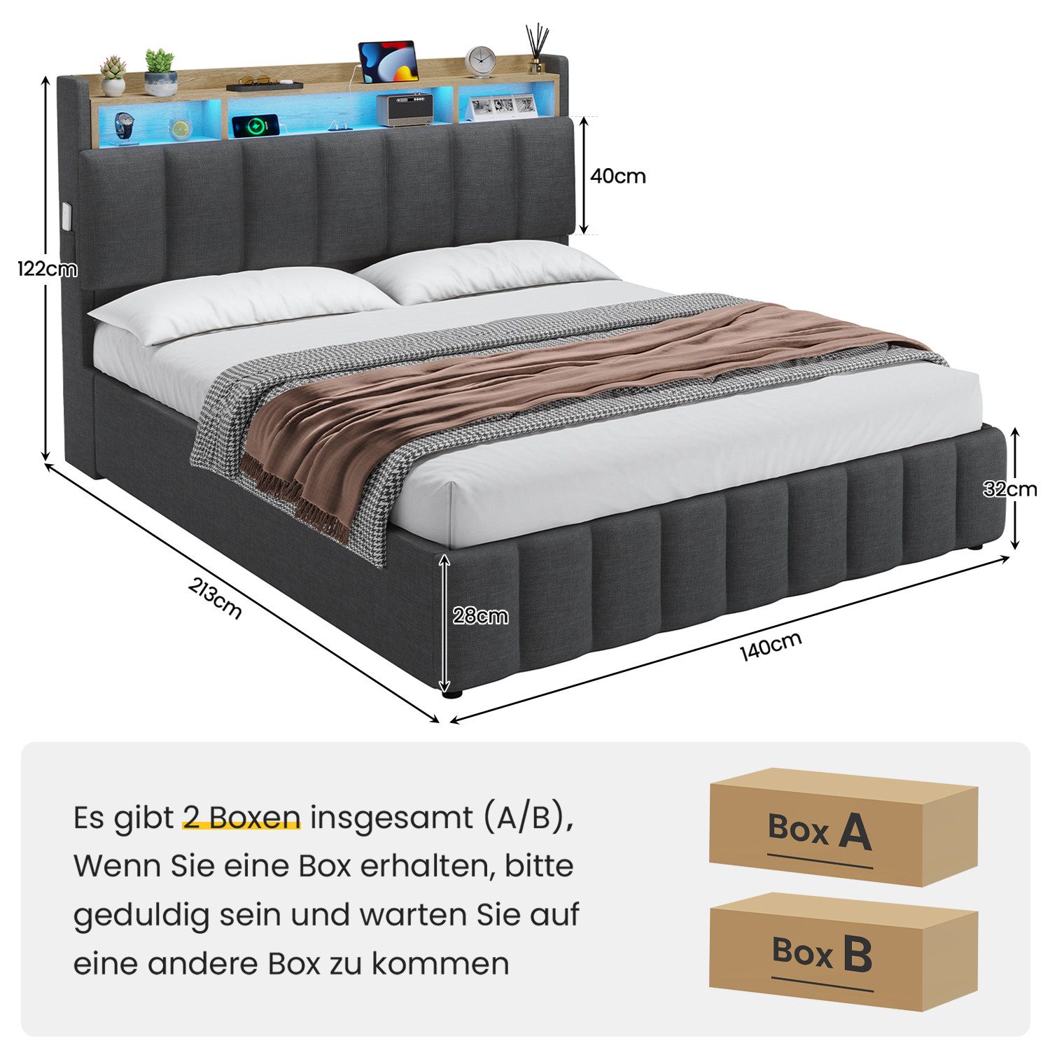 KIMENICH Polsterbett mit LED Beleuchtung und Ladefunktion (1-tlg., Ohne Matratze), Jugendbett Hydraulisches Stauraumbett, 140x200 cm – Bild 2 von 5