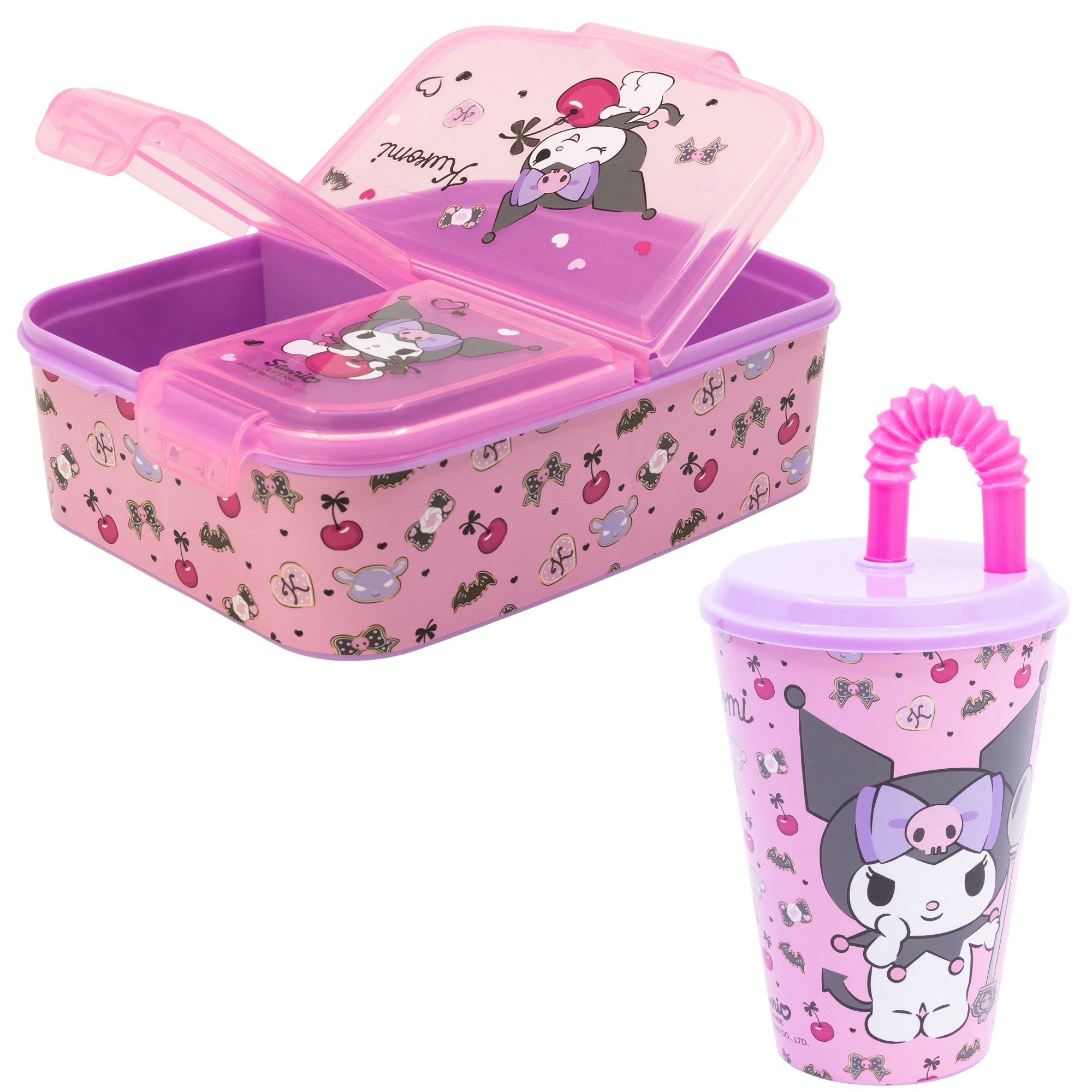 SANRIO Lunchbox Kuromi Sanrio 2 tlg. Lunch Set Brotdose 3 Kammern Trinkbecher 430 ml, (Spar-Set, 2-tlg., Spar-Set)