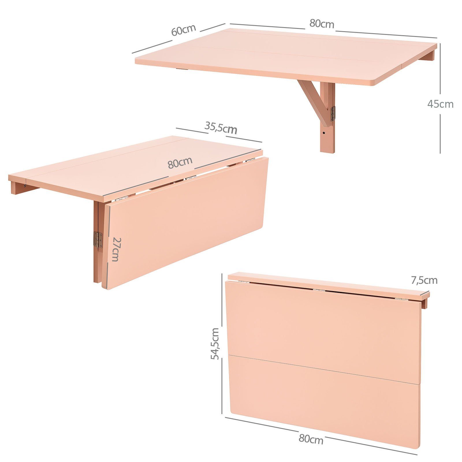 COSTWAY Wandmontage, 80 Klapptisch x klappbar Wandtisch cm, Rosa 60