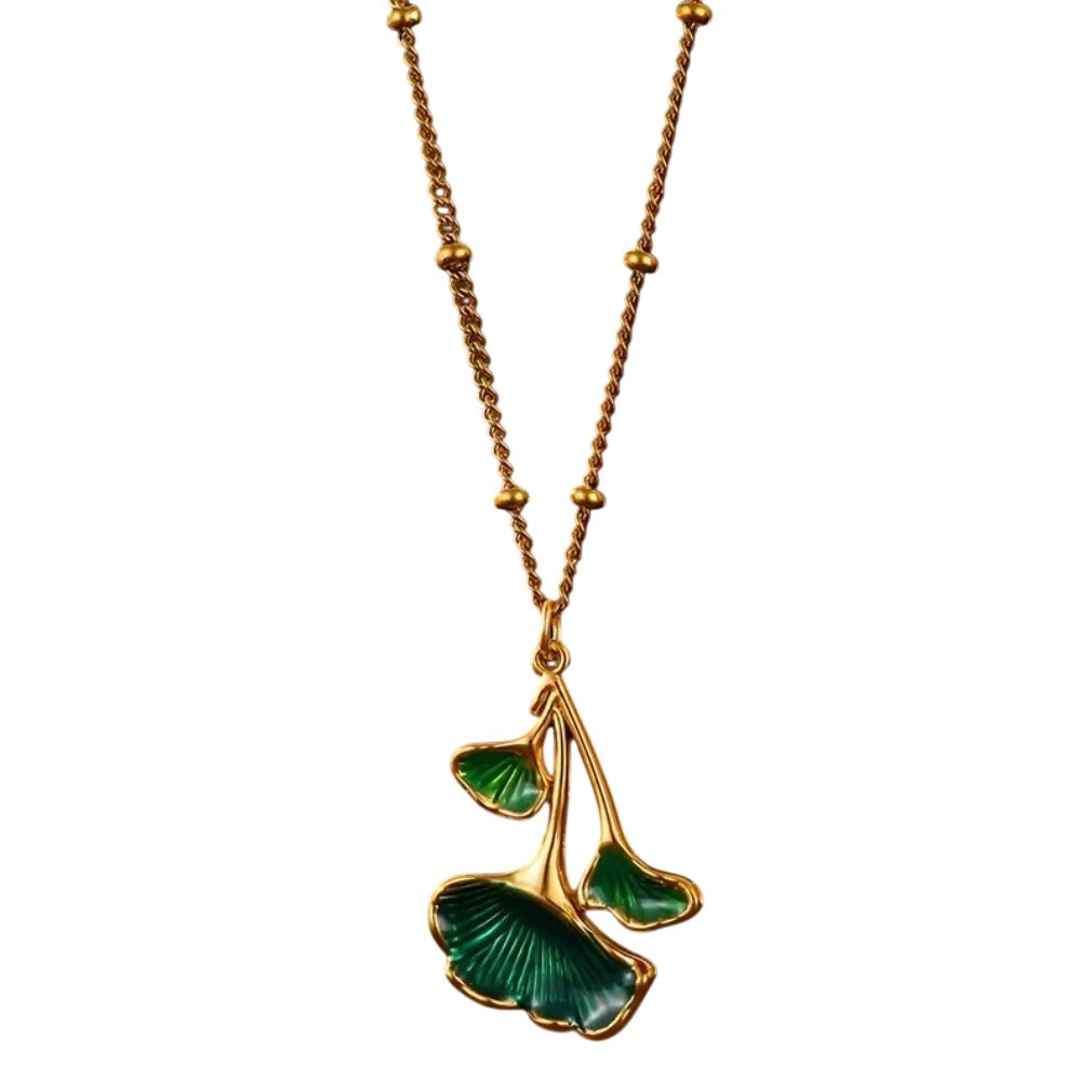 Dark-Desires Kette und Anhänger Set Vintage Halskette Ginkgo Blatt Emaille Gold-Grün Jugendstil Edelstahl
