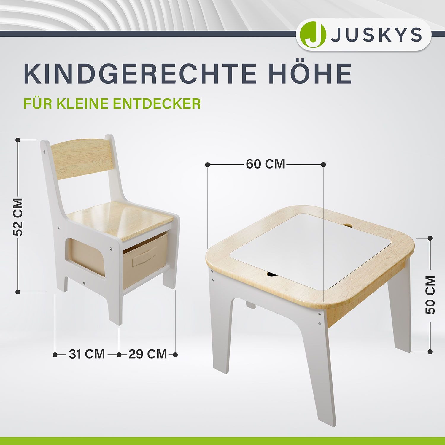 Juskys Kindersitzgruppe Milou, Set mit 2 Stühlen & 1 Tisch, Holz Spieltisch, Stauraum & Wendeplatten