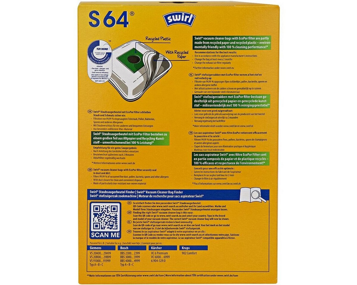 Thumbnail - Swirl Staubsaugerbeutel S64 MicroPor, passend für BOSCH, KÄRCHER, Krups, Melitta, Privileg, Siemens, 4 St., mehrlagige V...