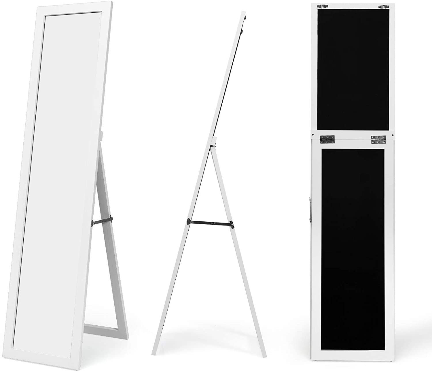 COSTWAY Ganzkörperspiegel, mit klappbarem Holzrahmen, Weiß 37x155cm stehend/hängend