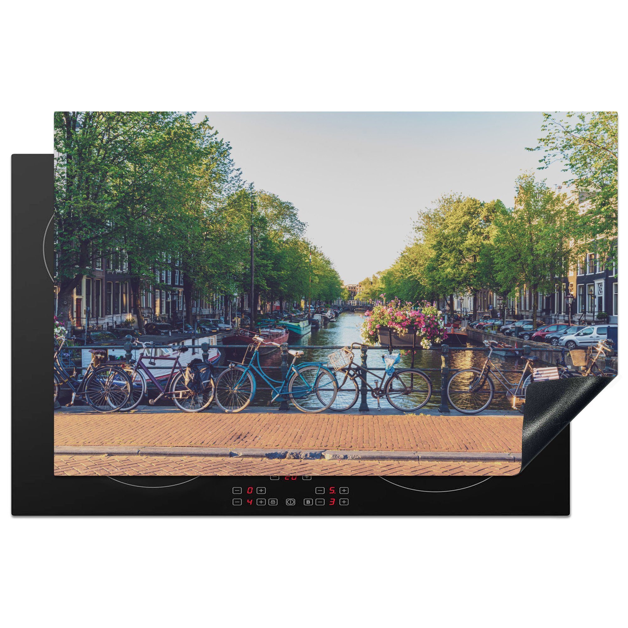 MuchoWow Herdblende-/Abdeckplatte Amsterdam - Brücke - Fahrrad, Vinyl, (1 tlg), 81x52 cm, Induktionskochfeld Schutz für die küche, Ceranfeldabdeckung