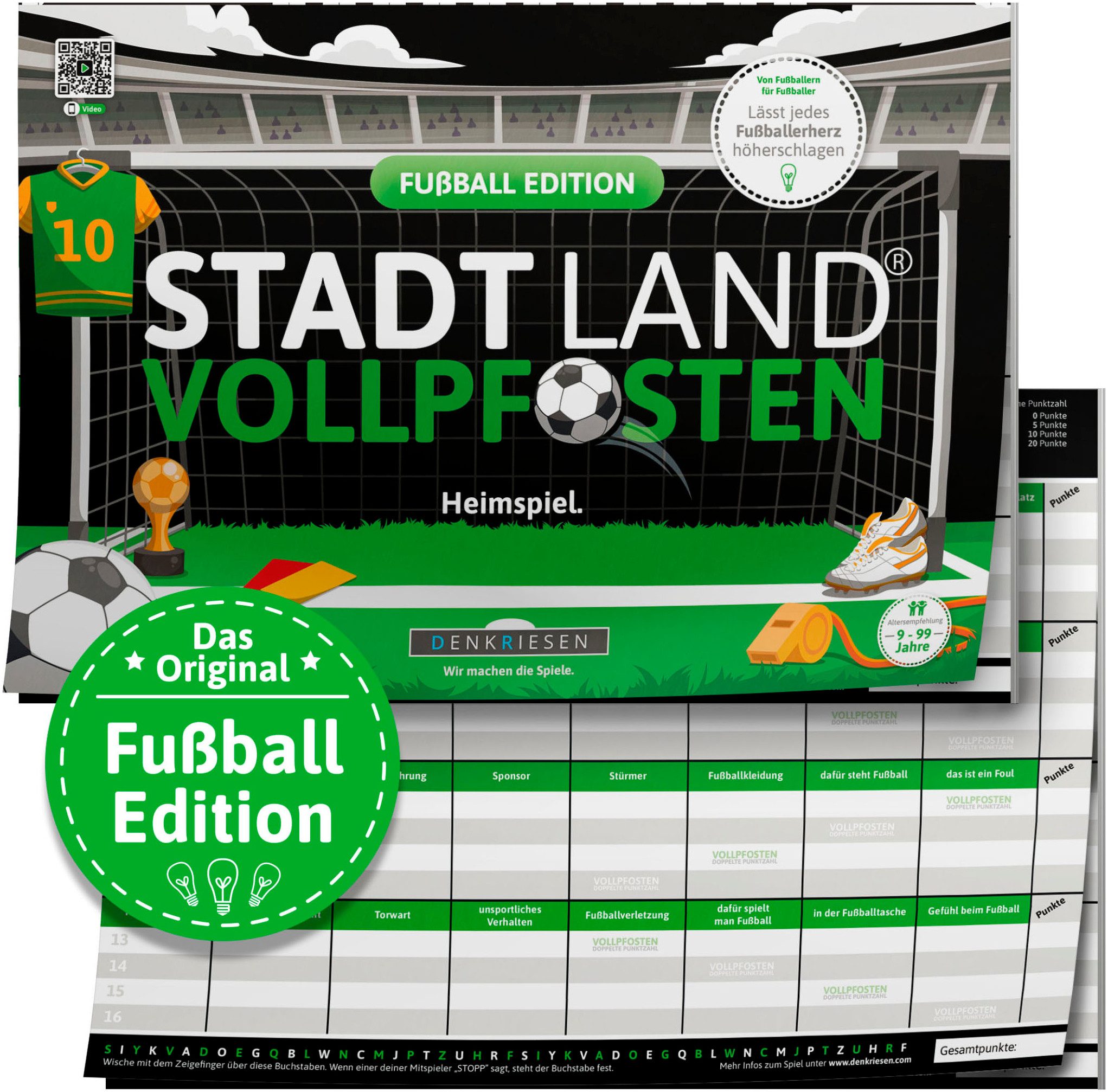 Denkriesen Spiel Stadt Land Vollpfosten® Fußball Edition "Heimspiel.", Familienspiel, Spielblock, Made in Germany