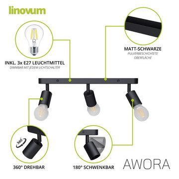 linovum LED Aufbaustrahler AWORA Deckenleuchte 3 flammig schwarz mit fourSTEP LED E27, Leuchtmittel inklusive