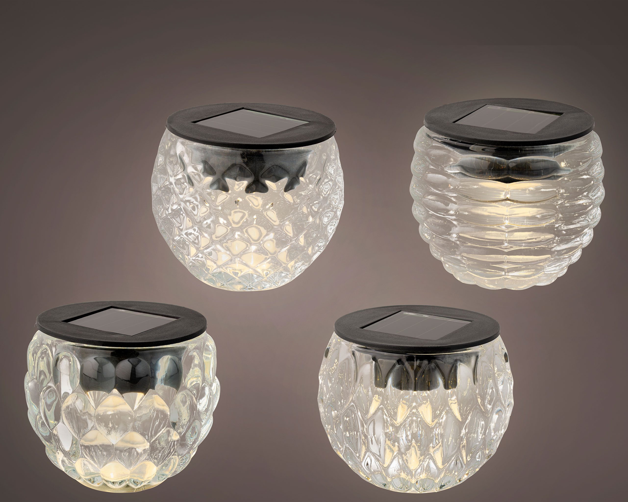 Lumineo LED Solarleuchte, Dauerlicht, warmweiß, LED Solar Dekoleuchte 8x6cm Glas gemustert Warmweiß 1 Stück sortiert