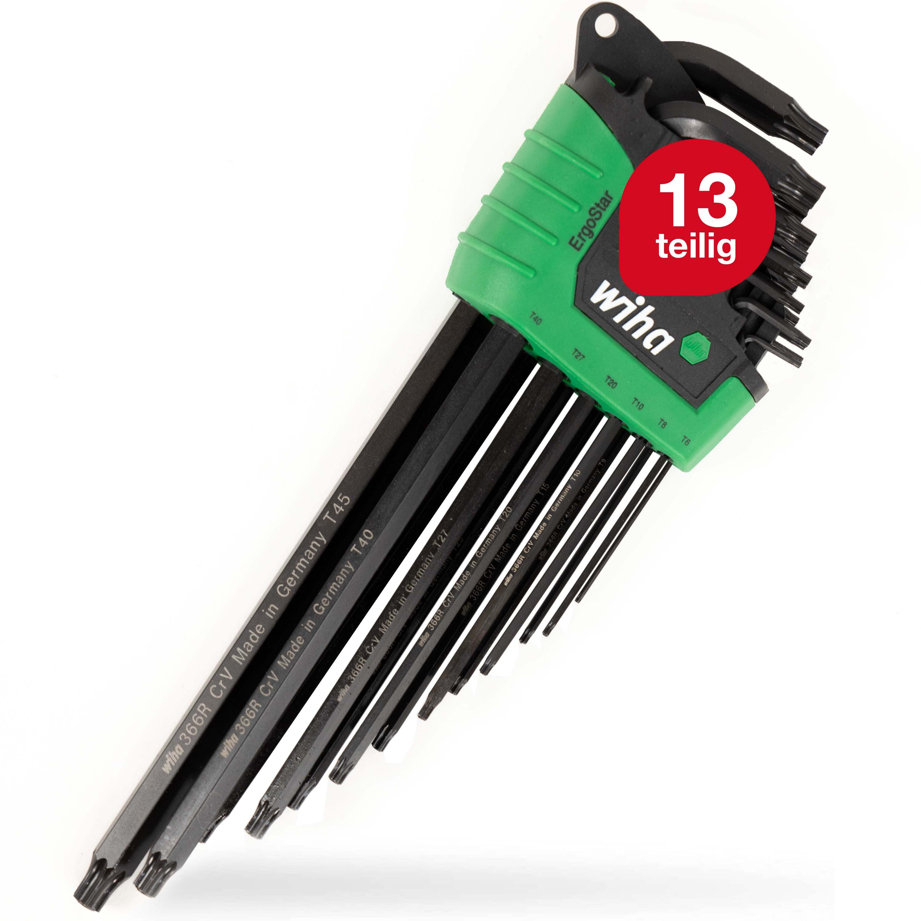 Wiha Stiftschlüssel ErgoStar Halter (43848) - 14 tlg., TORX, T5-T45, MagicSpring, Winkelschlüsselsatz, Torxschlüsselsatz
