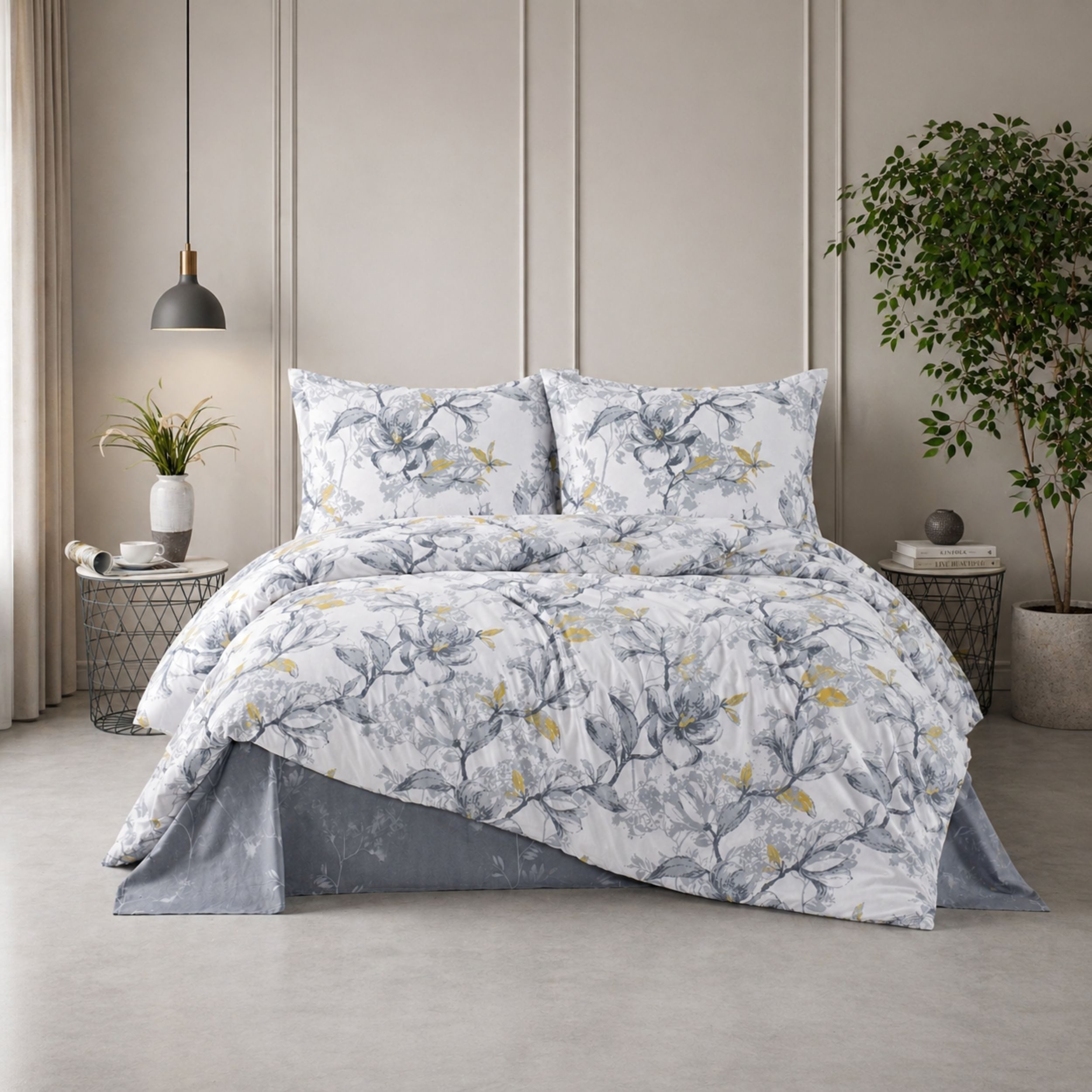 ZIRVEHOME Bettwäsche Baumwolle Bettbezug Blumen Design in Grau Weiß mit Gelben Akzenten, Renforce, 2 teilig, 135x200 Bettbezug Baumwolle Blumen Grau Weiß mit Gelben Akzenten