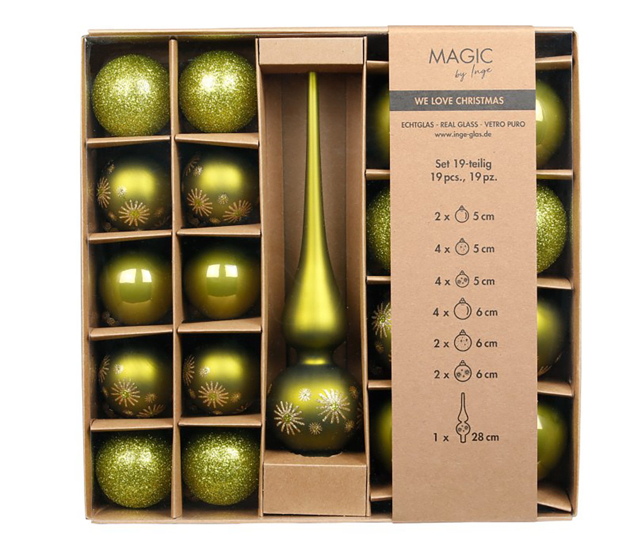 MAGIC by Inge Weihnachtsbaumkugel, Weihnachtskugeln Glas 5-6cm mit Spitze 19er Set - Green Olives