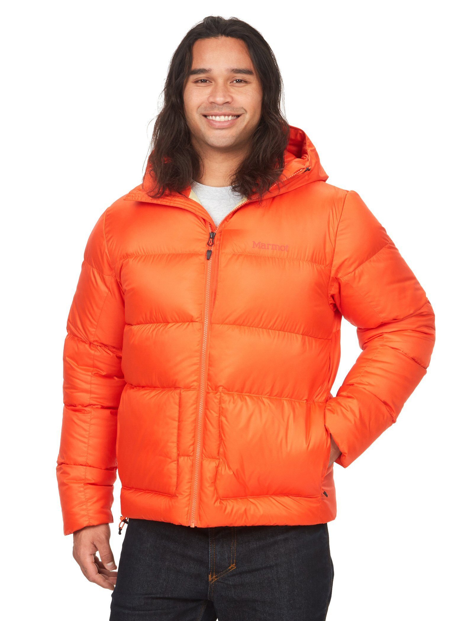 Marmot Winterjacke Winter-Daunenjacke Guides Down Hoody (angenehmer Tragekomfort) orange