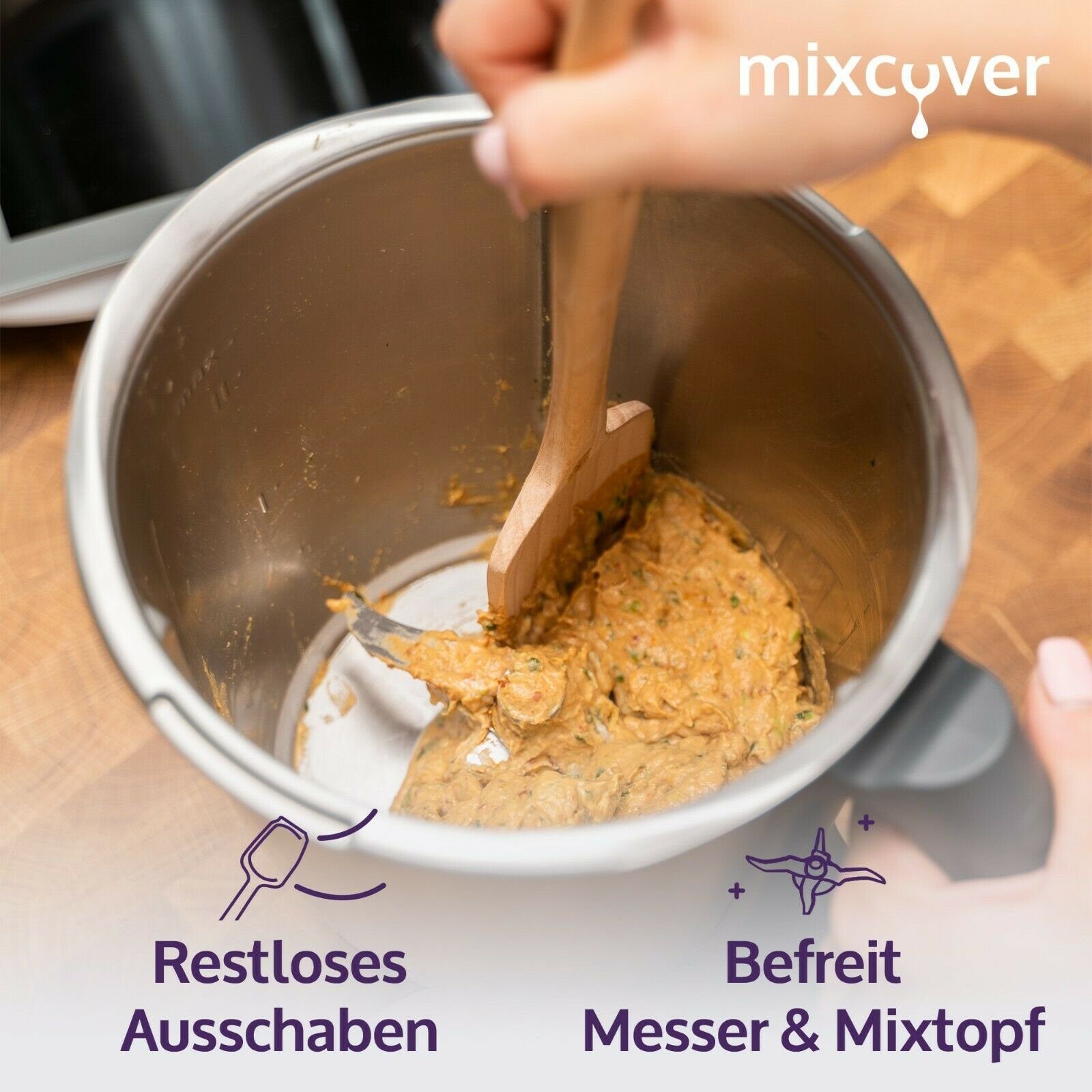 mixcover Nachhaltiger TM6,TM5,TM31 mit Thermomix Mixcover für Drehkellenspatel Küchenmaschinen-Adapter Gravur Holz-Spatel