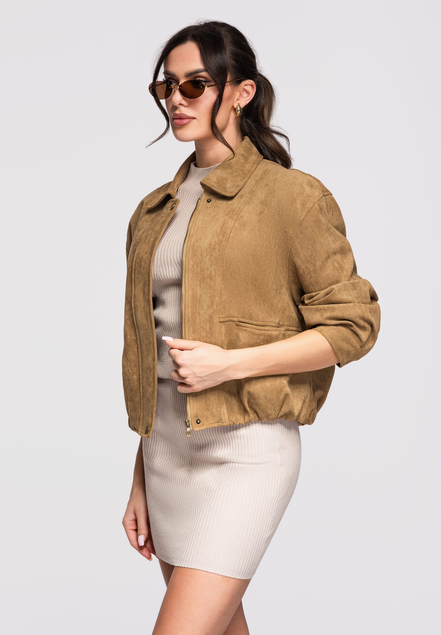 OMBRE Bomberjacke Damen Bomberjacke Kurz Locker Casual Khaki ONESIZE (kein Set, 1-St) Kurze Länge, lockerer Bomber-Stil
