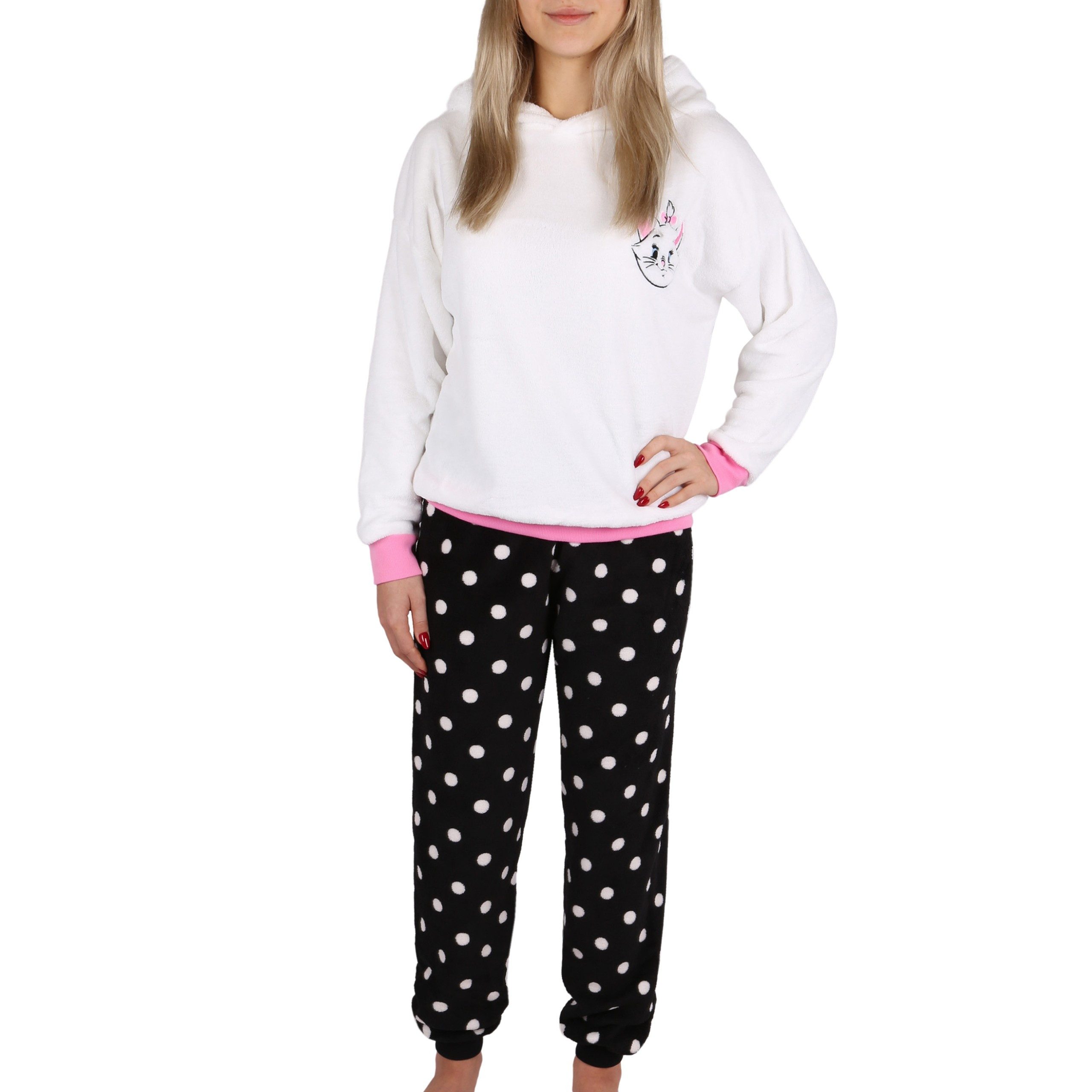Disney Pyjama Disney Katze Marie Pyjama/Schlafanzug für Damen, warm, weiß-schwarz XS