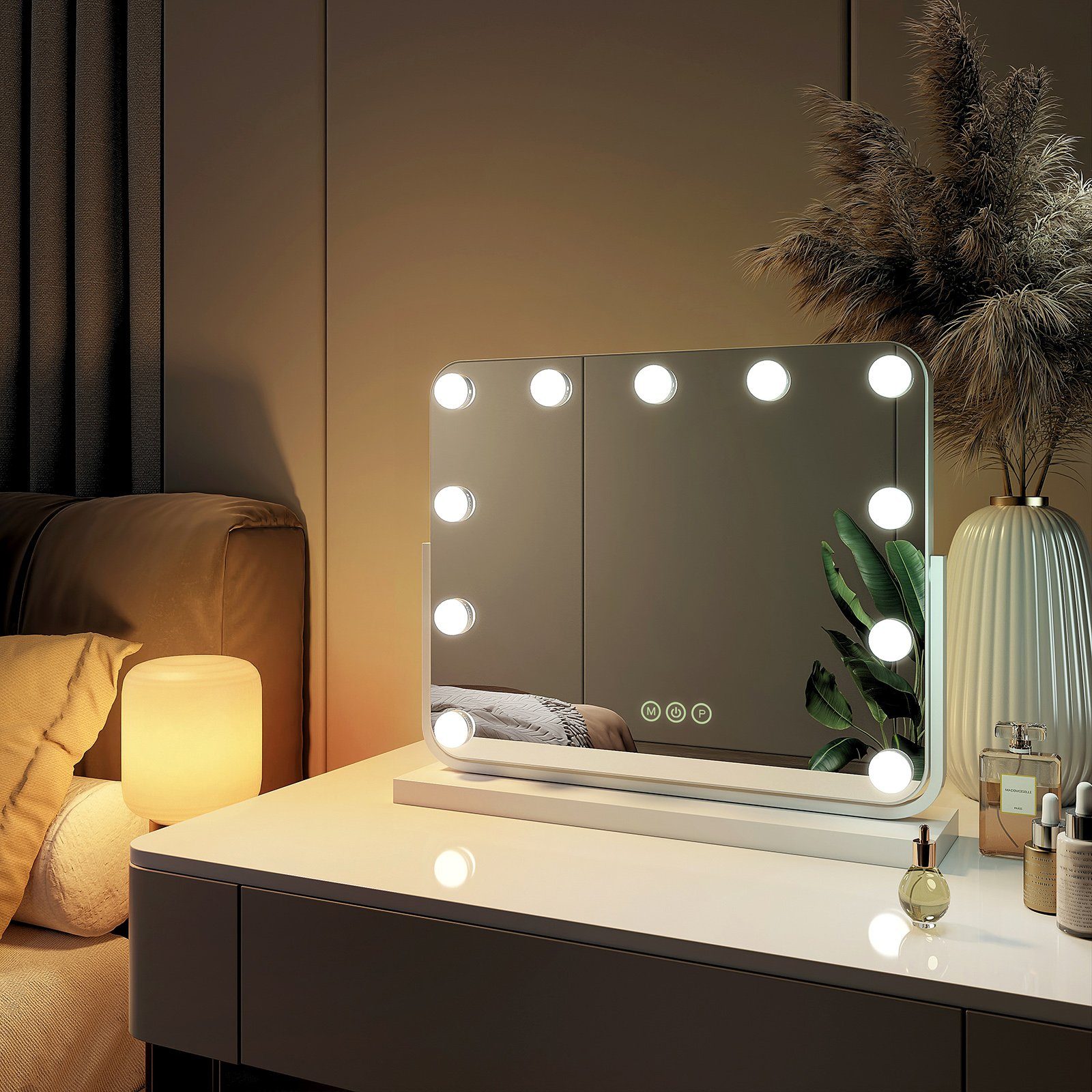 EMKE Kosmetikspiegel Hollywood Spiegel mit Beleuchtung 360 ° Drehbar Tischspiegel, 3 Farbe Licht,Dimmbar,Speicherfunktion,7 x Vergrößerungsspiegel Weiß