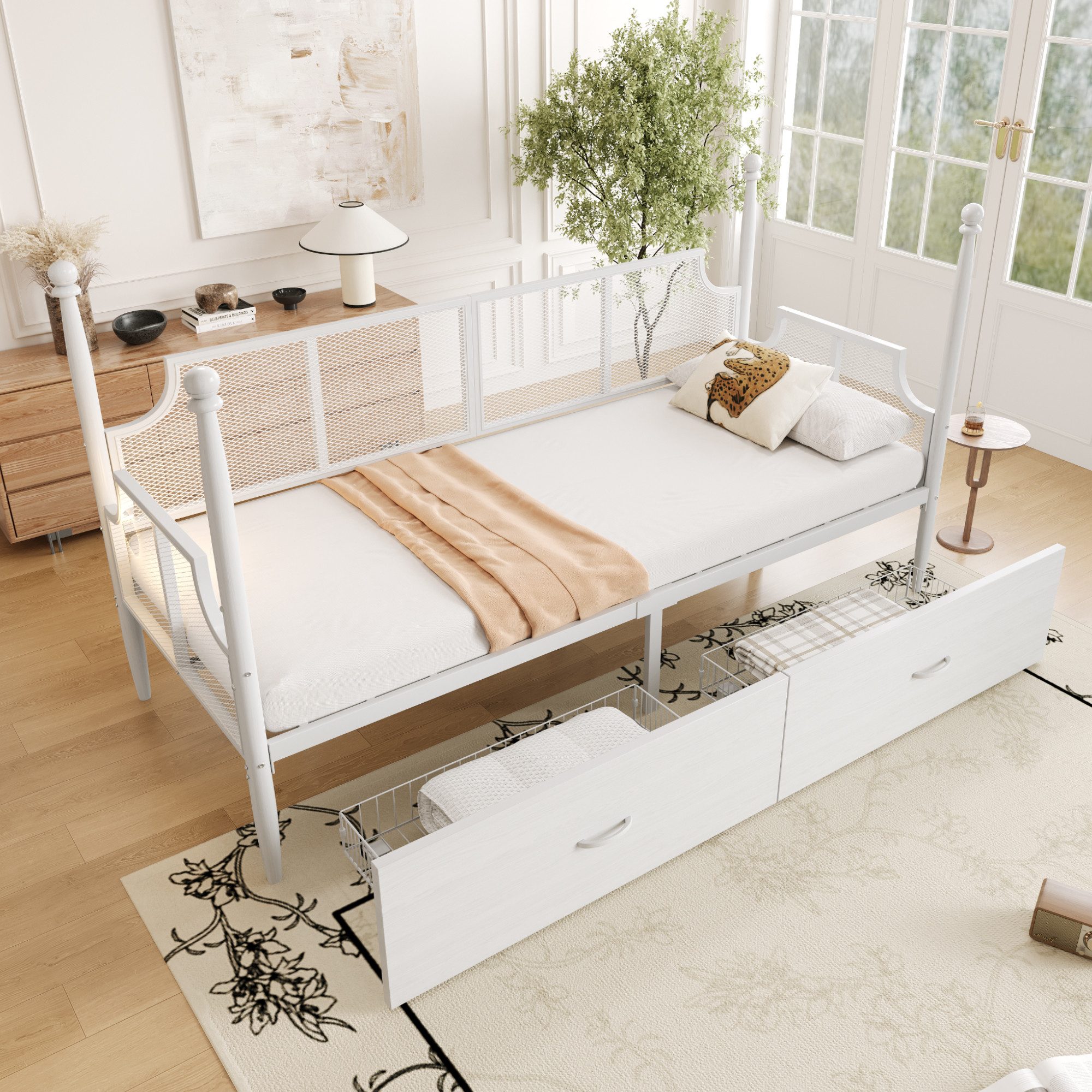 STILVORA Schlafsofa mit Stauraum,Eisenbett 90×200,Einzelbett mit schubladen,Jugendbett, 90x200 cm mit Netzrückenlehne & Stauraum, Multifunktionales Tagesbett mit hohem Rahmen, ohne Matratze