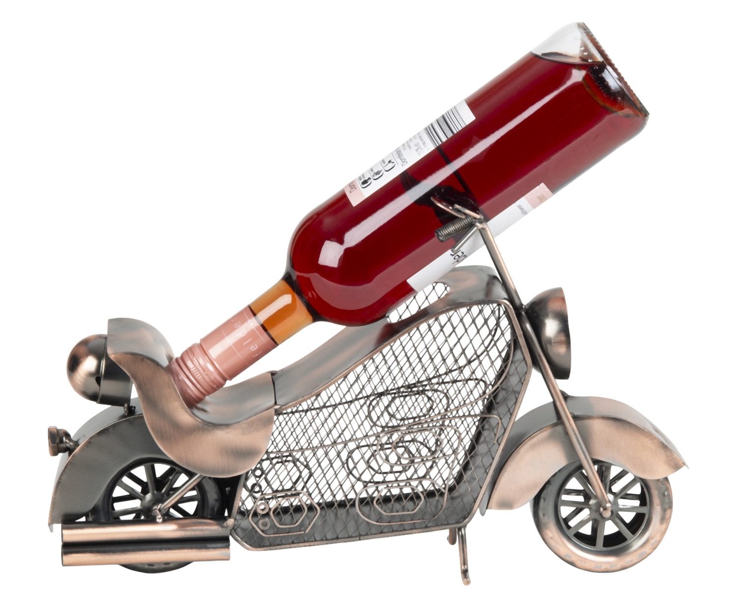 Geschenk-Himmel Weinflaschenhalter Flaschenhalter Motorrad 39cm lang mit Weinkorkensammler Bronze-Finish