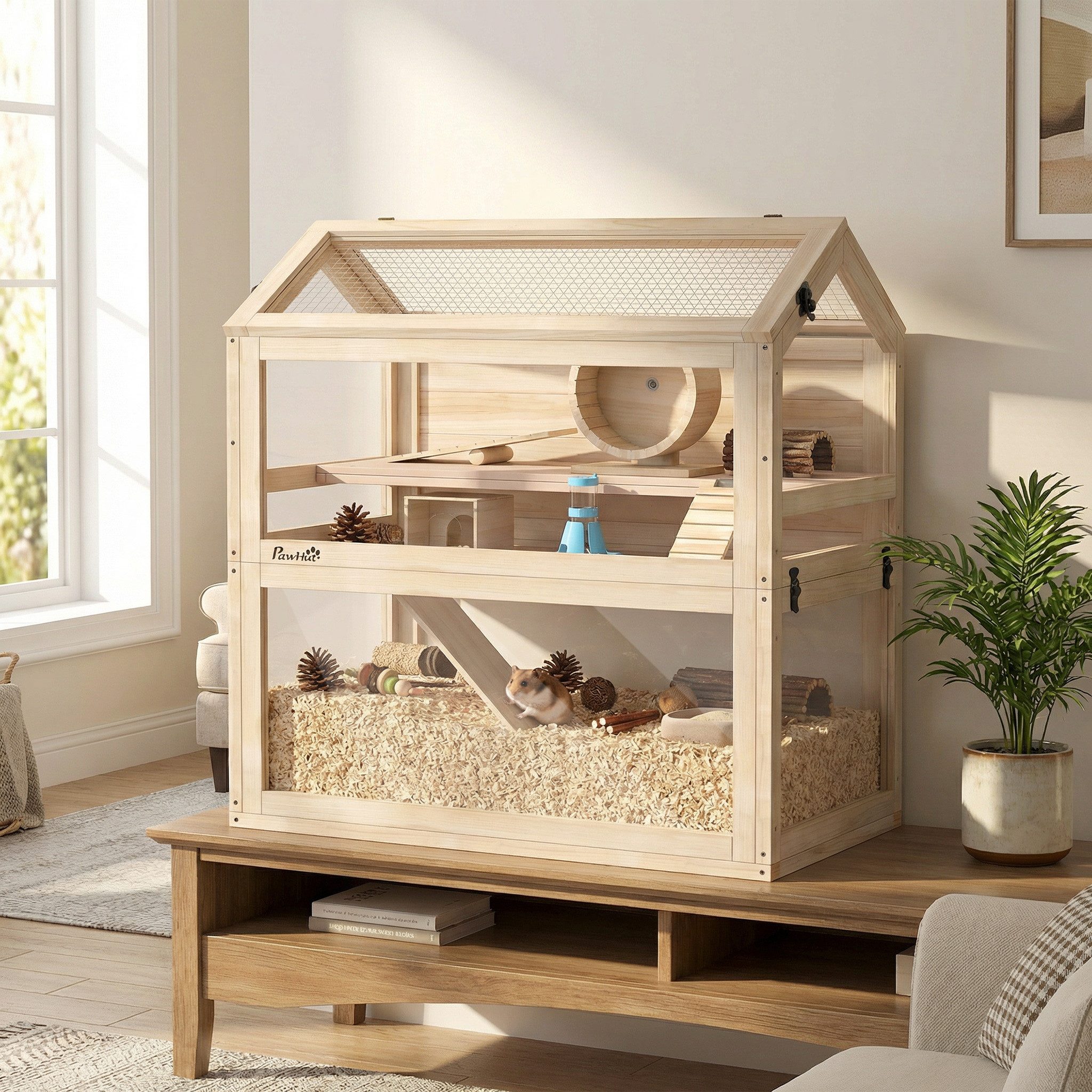 PawHut Kleintierkäfig Hamsterkäfig mit Laufrad, Wippe, Rampe & Hütte für Zwerghamster, 3 Etagen, abnehmbar, Acryl, PVC-Wanne von PawHut