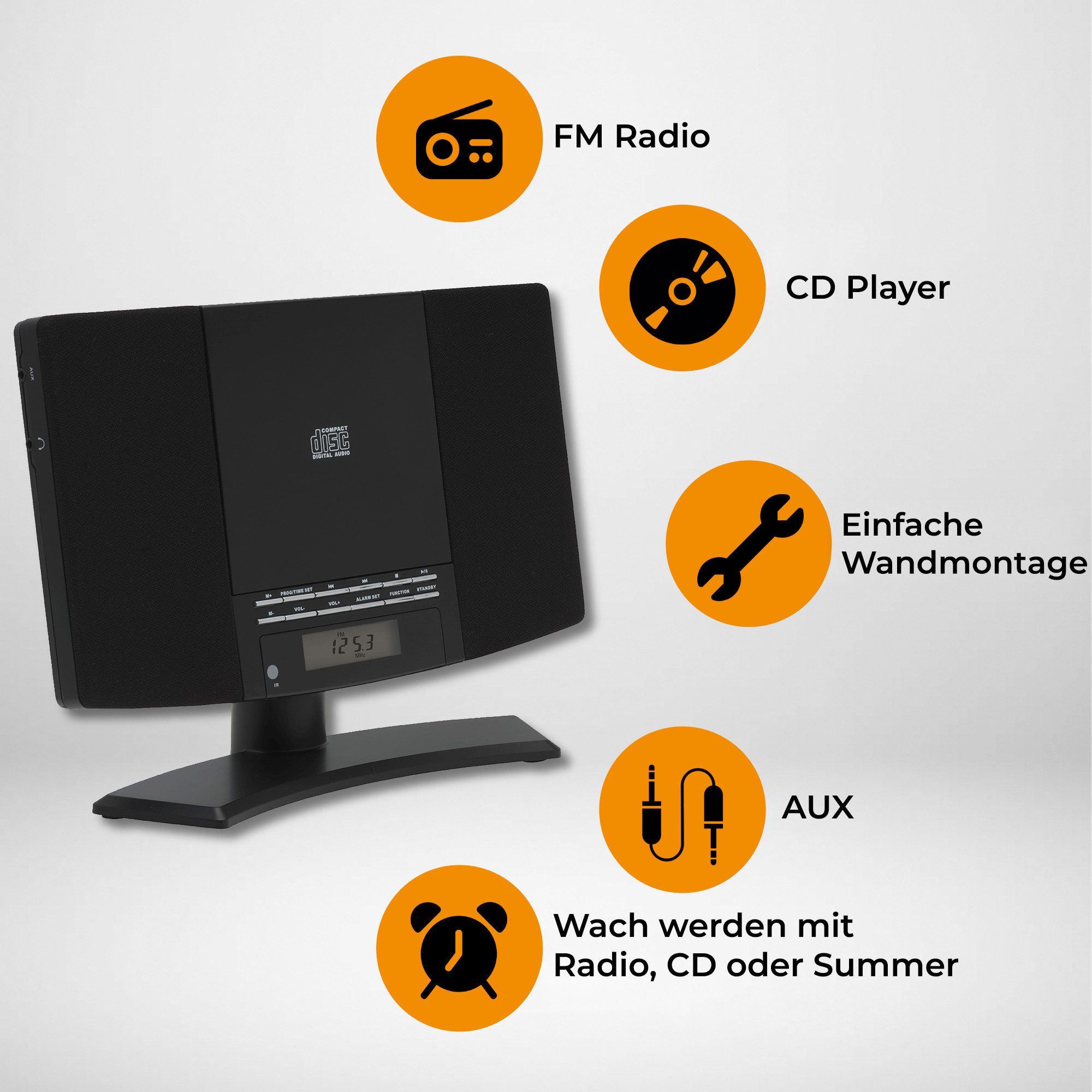 Denver MC-5220B Stereoanlage (FM- Radio, Wandmontage möglich, Alarm Backup mit Batterien möglich)