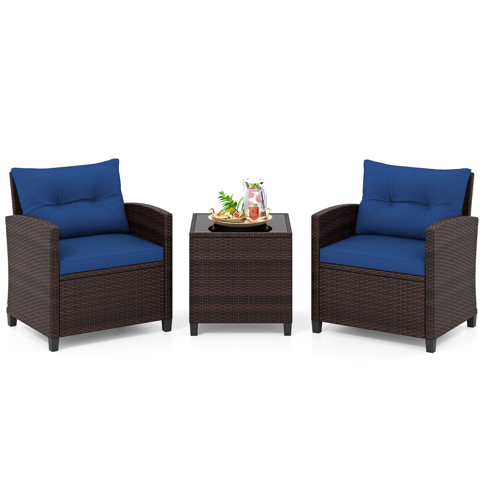 COSTWAY Gartenlounge-Set, (3-tlg., 2 Sessel & 1 Tisch), Rattan mit Kissen, Balkonset