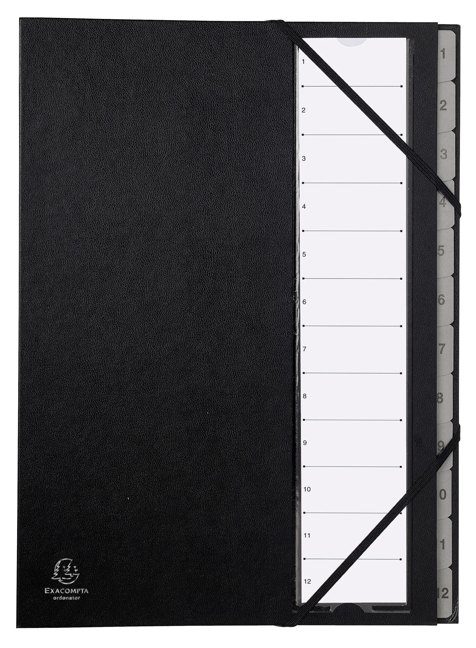 EXACOMPTA Fächermappe 12x Ordnungsmappe Gummizug 12 Fächer 1-12 Ordonator A4 Schwarz 56012E, Fester Deckel dehnbare Ordnungsmappe