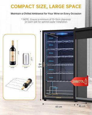 WIE Weinkühlschrank,für 28 Weinflaschen und insgesamt 77 Liter mit Anti-UV Glas 5-18°C