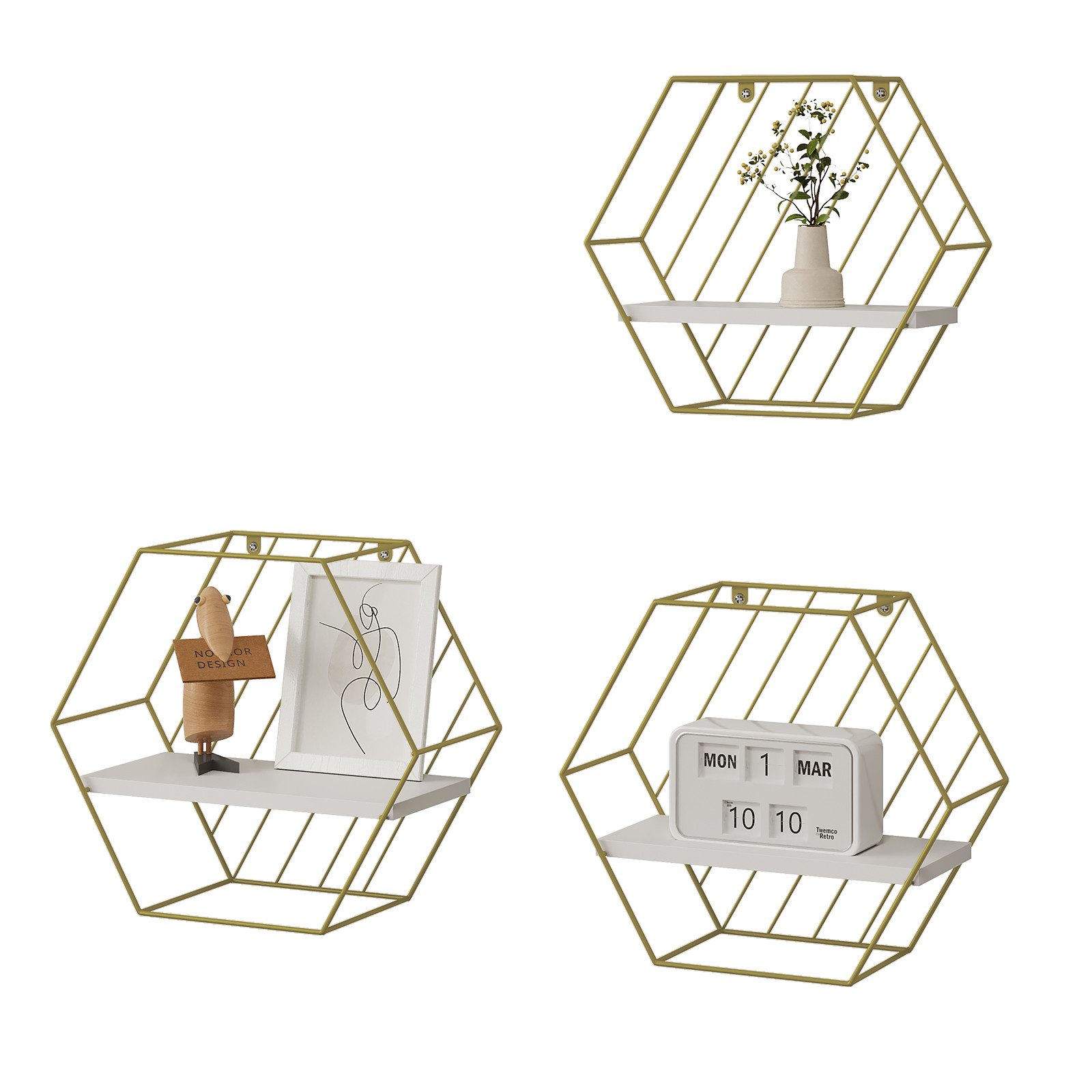 EUGAD Wandregal, 3-tlg., Hexagon Regal Wand, Weiß Golden, Metallrahmen günstig online kaufen