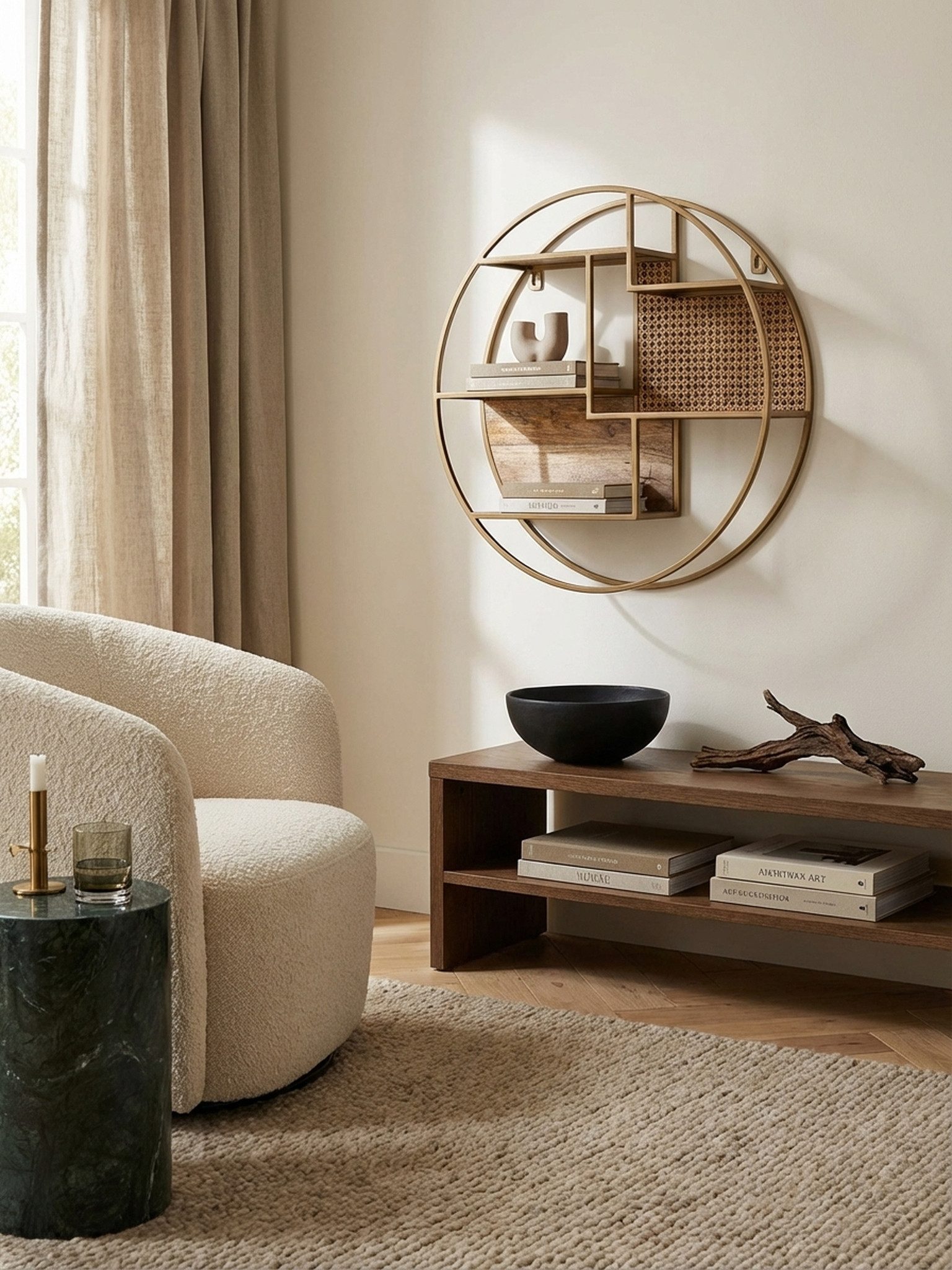 KADIMA DESIGN Wandregal Wandregal Rattan 62x62x17 cm Hängeregal Massivholz / Metall Industrial, Regal Hängend Offen Wohnzimmer, Schweberegal Wiener Geflecht Rund Wand