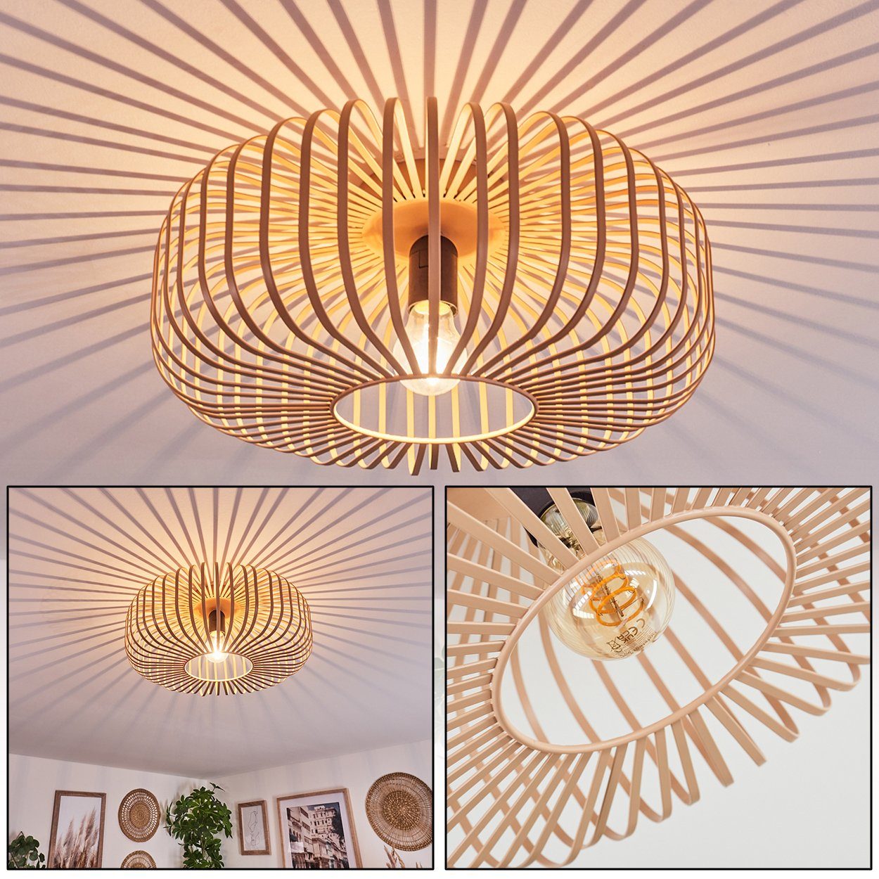 hofstein Deckenleuchte runde Deckenlampe aus Metall in Schwarz/Hellbraun/Beige, ohne Leuchtmittel, Lichteffekt durch Gitter-Optik, Ø40cm, E27. ohne Leuchtmittel – Bild 2 von 5