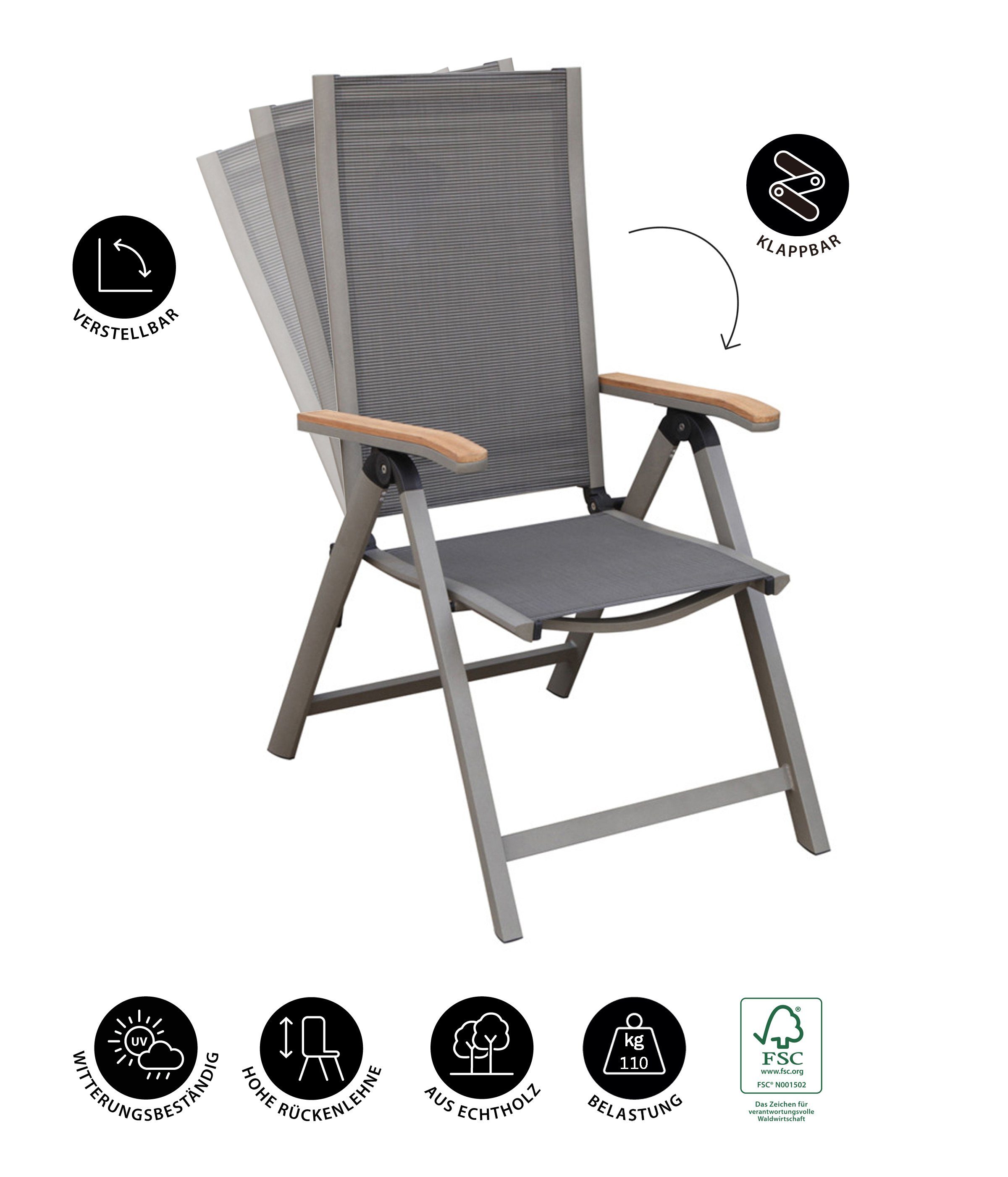 Dehner Gartenstuhl Klappsessel Colmar, 110 x 59 x 73 cm, schwarz, hochwertig aus Aluminium und FSC®-zertifiziertem Holz