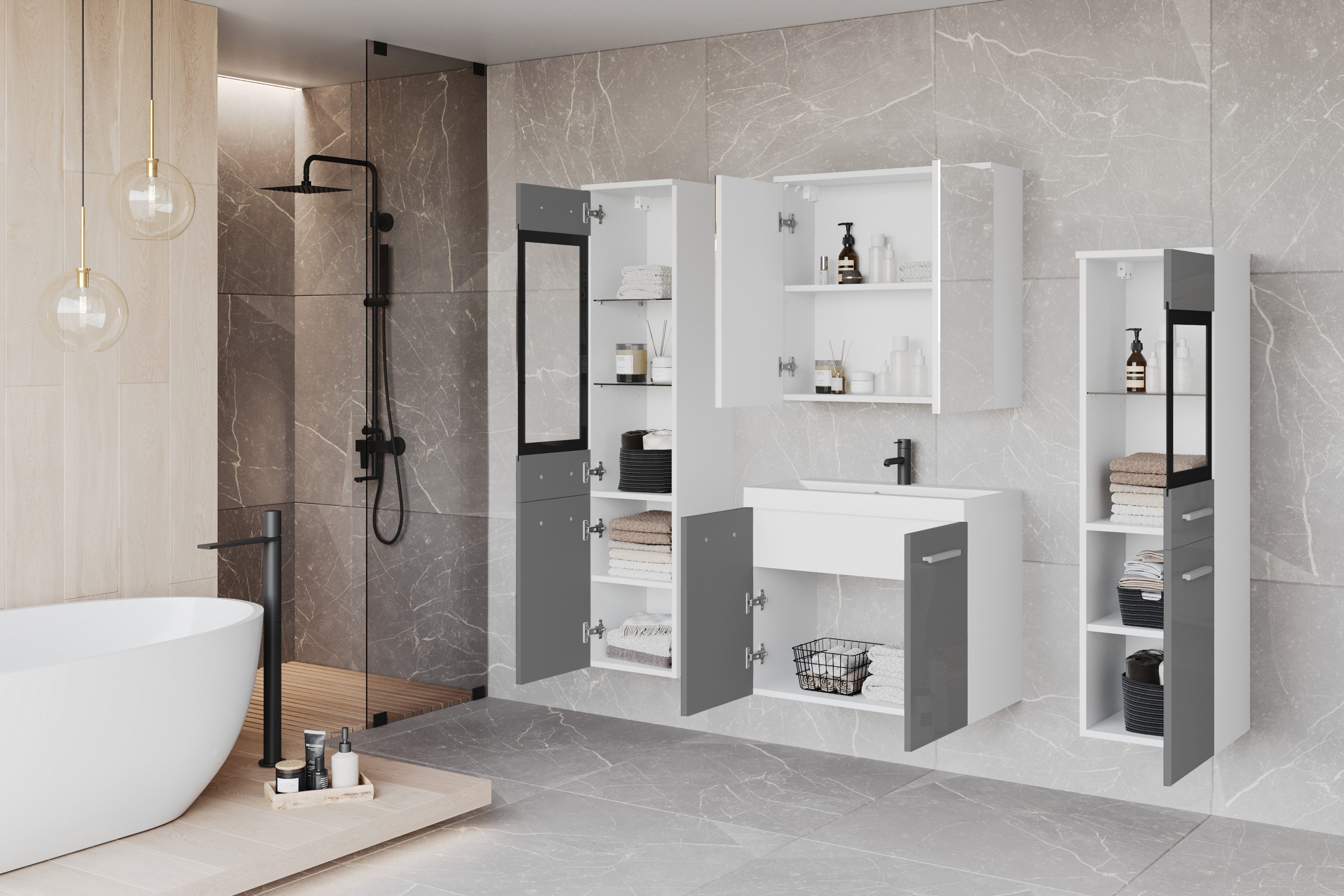 welltime Badmöbel-Set MADRIT II, Schrank mit Waschbecken, 2 Hänger, Spiegel günstig online kaufen