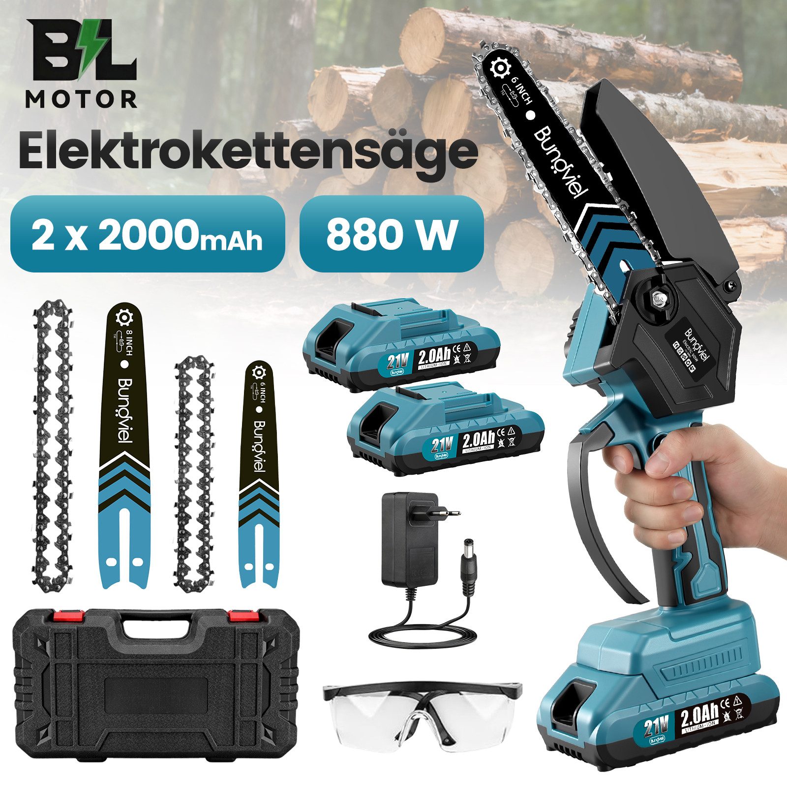 Bundviel Akku-Kettensäge Akku-Kettensäge 6+8'' mini Kettensäge Bürstenlose Elektro-Kettensäge, Set, 2x 2Ah Akkus, Ladegerät, Transportkoffer, Sägekette&Schwert, 880w