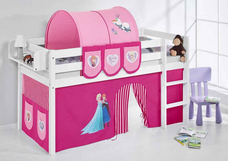 Lilokids Prinzessinbett FROZEN Prinzessinbett JELLE 190x90cm TÜV & GS geprüft mit rosa FROZEN / Eiskönigin / Anna & Elsa Vorhang in weiß und mit Lattenrost. Kinderbetten & Spielbetten aus Kiefer Massivholz von LILOKIDS