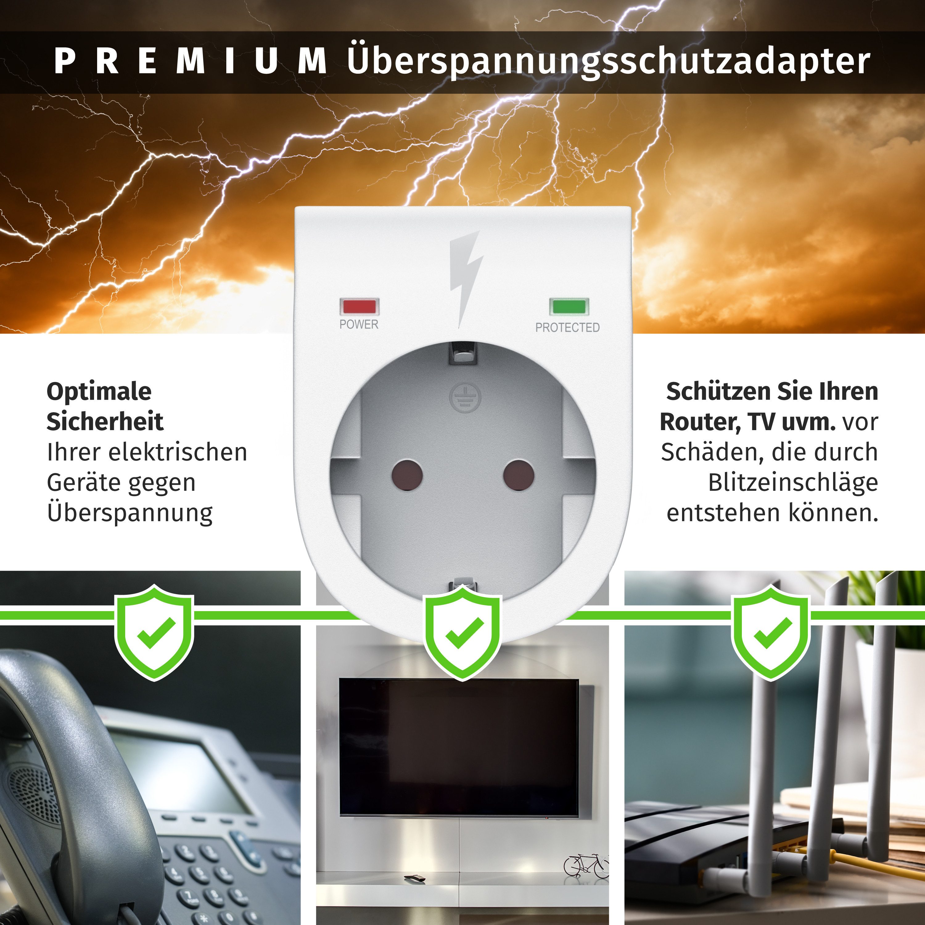 Arendo Steckdose Schuko Überspannungsschutzadapter, LED, Kindersicherung, 3500W, 1-St., IP20, integrierter Berührungsschutz, belastbar bis 16 A, LED-Anzeige