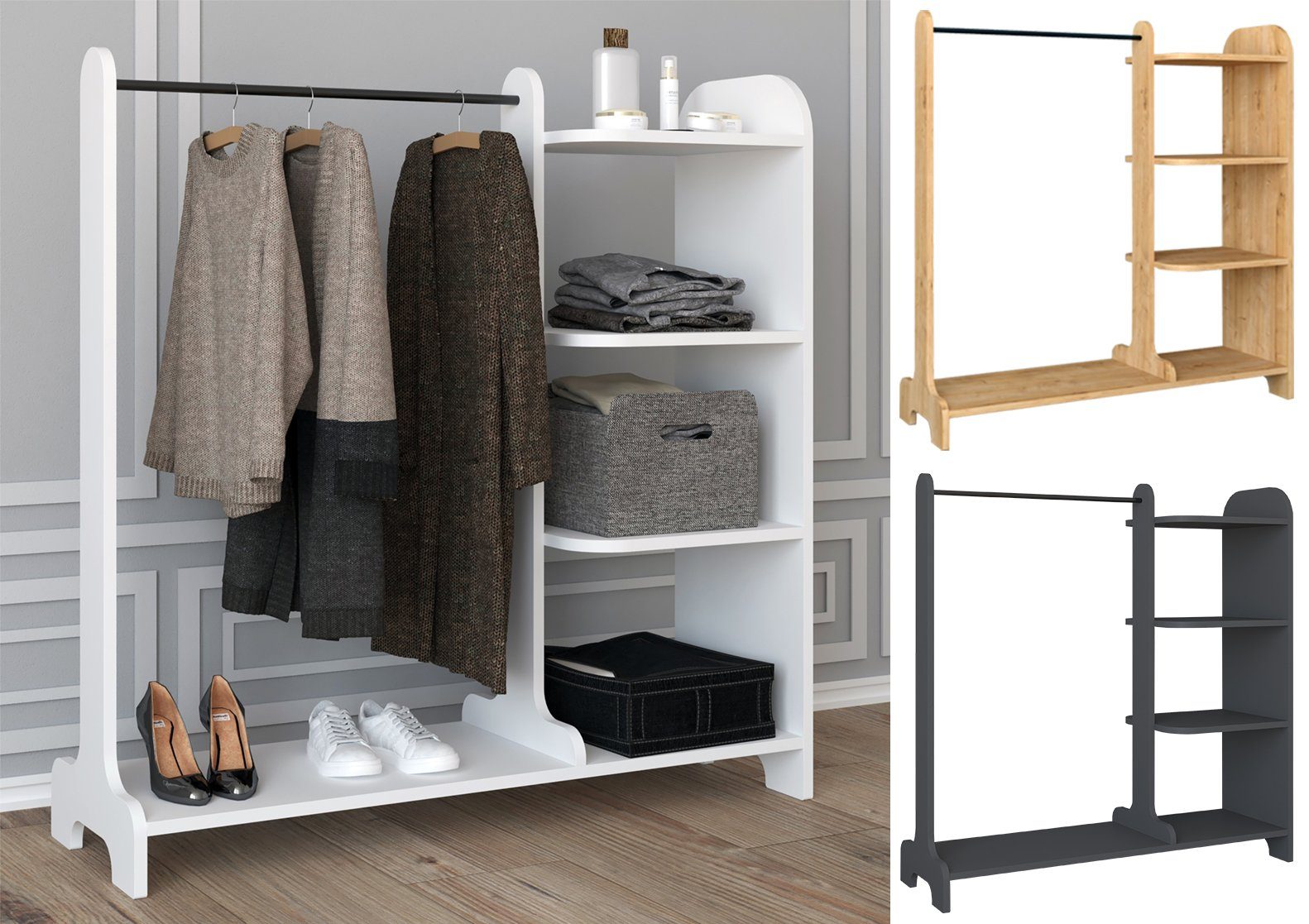 Talamo Italia Miramar Kleiderschrank - Offener Begehschrank In Weiß/Eiche 158x40x187cm