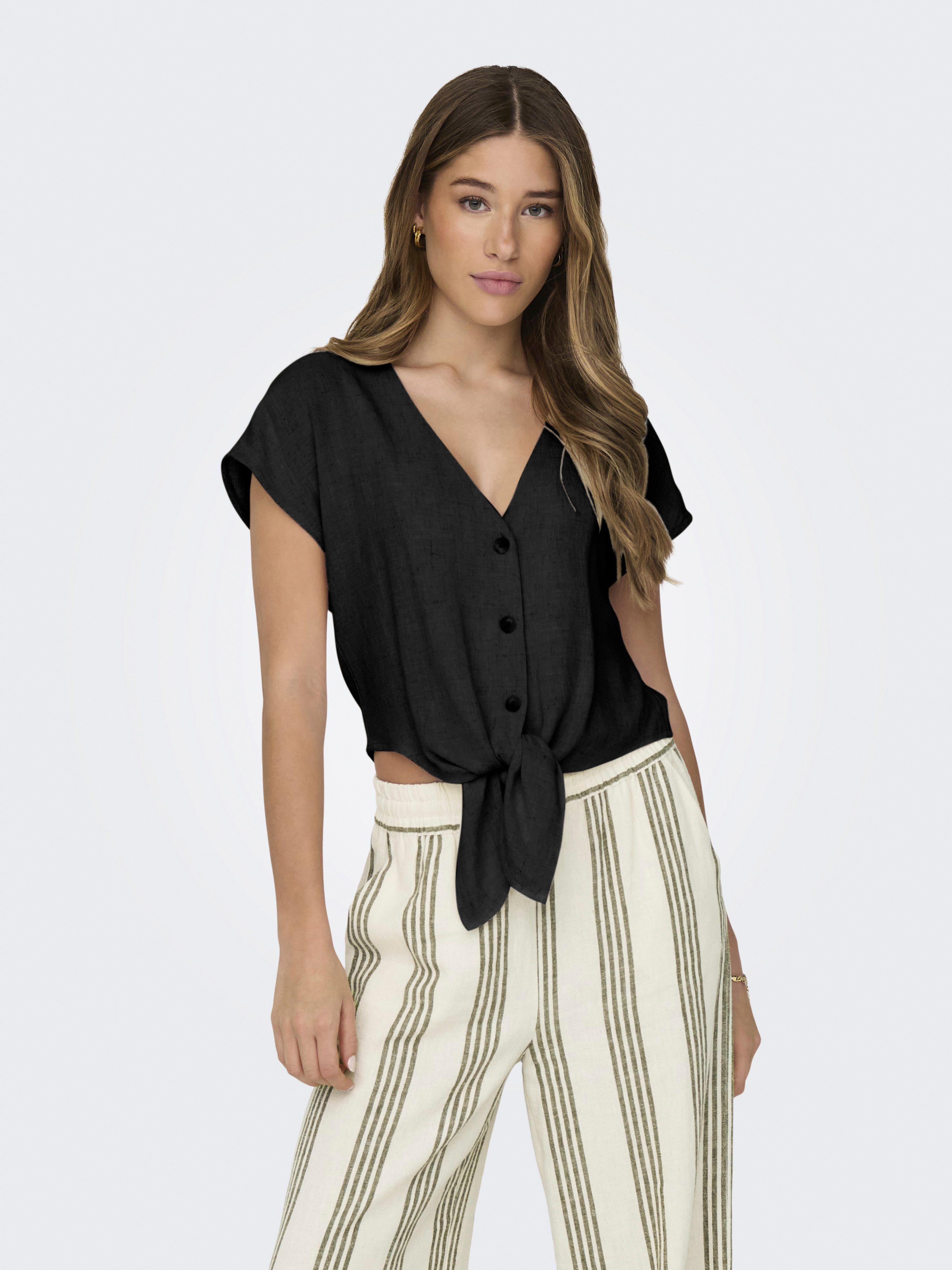 ONLY Kurzarmbluse ONLSIESTA SS KNOT LIN BL SHIRT PNT NOOS Viskosemischung, regular fit