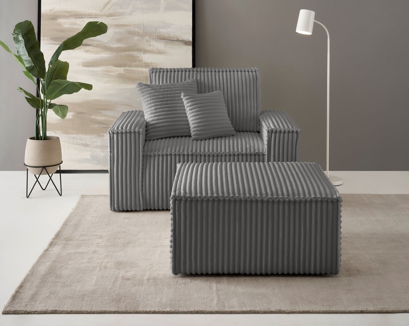 OTTO home Loveseat FINNLEY Cord, Loveseat & Hocker im Set, inkl. Zierkissen (2-St), verfügbar in den Stoffqualitäten Bouclé, Struktur fein und Mega Cord