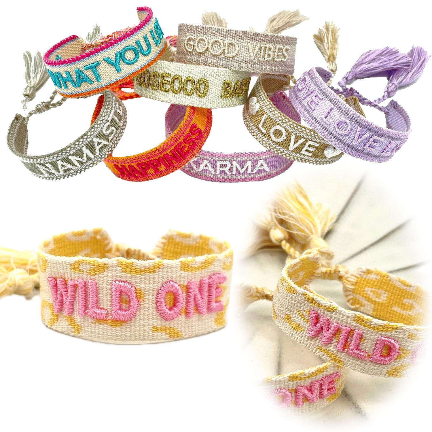 LS-LebenStil Armband Canvas Statement Armband Wild One Gelb Rose Pink Quasten bestickt (Baumwollarmband Webarmband Armbandliebe Freundschaftsarmband Freundschaftsband Partnerarmband, 1-tlg., textil geflochten gewebt - hochwertiger gestickter Spruch), perf