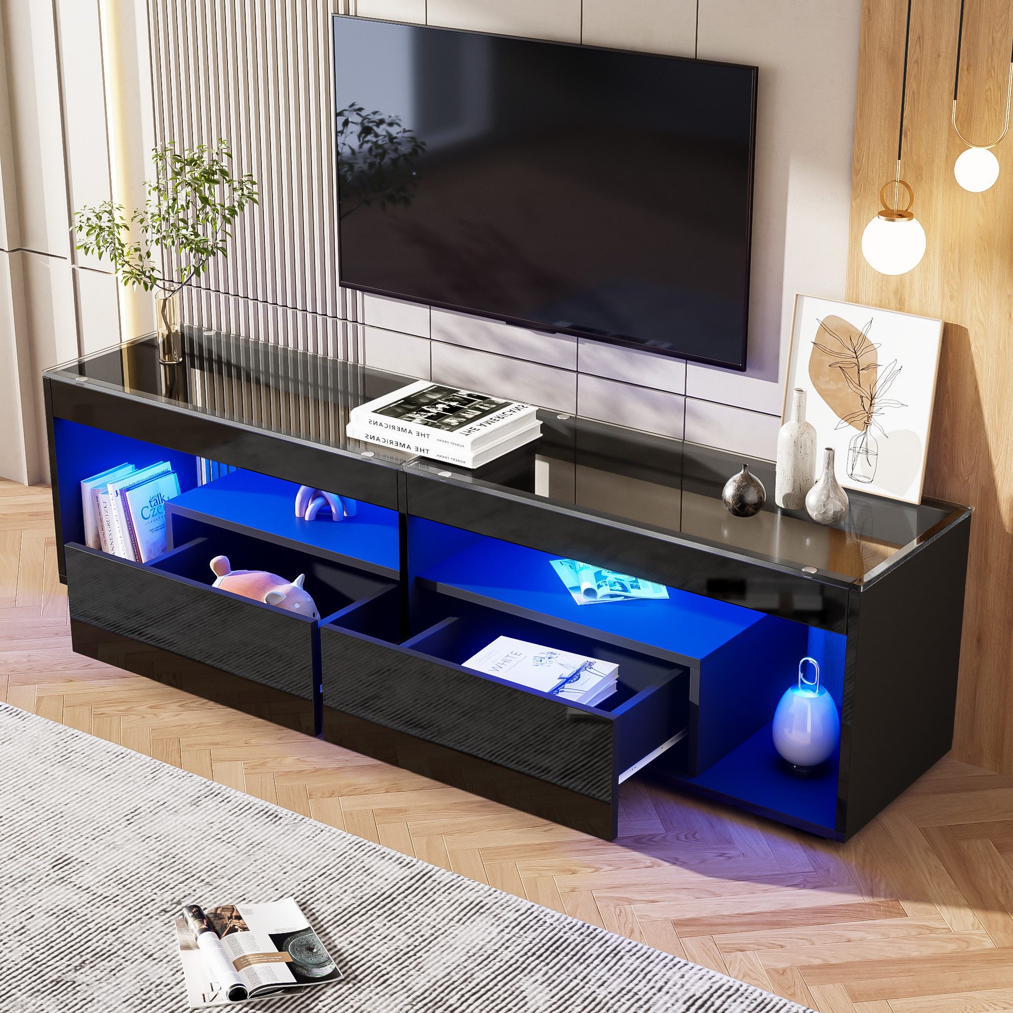 HAUSS SPOLE Lowboard LED-Hochglanz-TV-Schrank mit 2 Schubladen, für bis zu günstig online kaufen