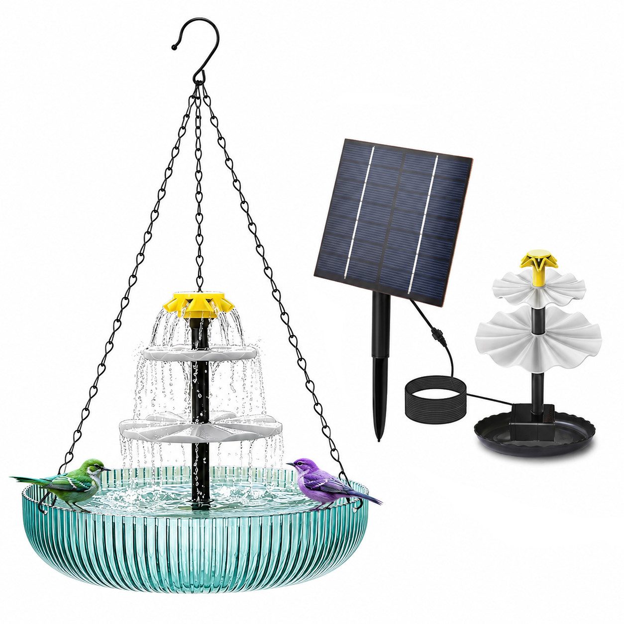 Srvillg Vogeltränke Solar Vogeltränke Hängend, 3-stufige Kaskadenbrunnen Deko, Für Garten & Terrasse, mit Solarpumpe und großem Wasserbecken