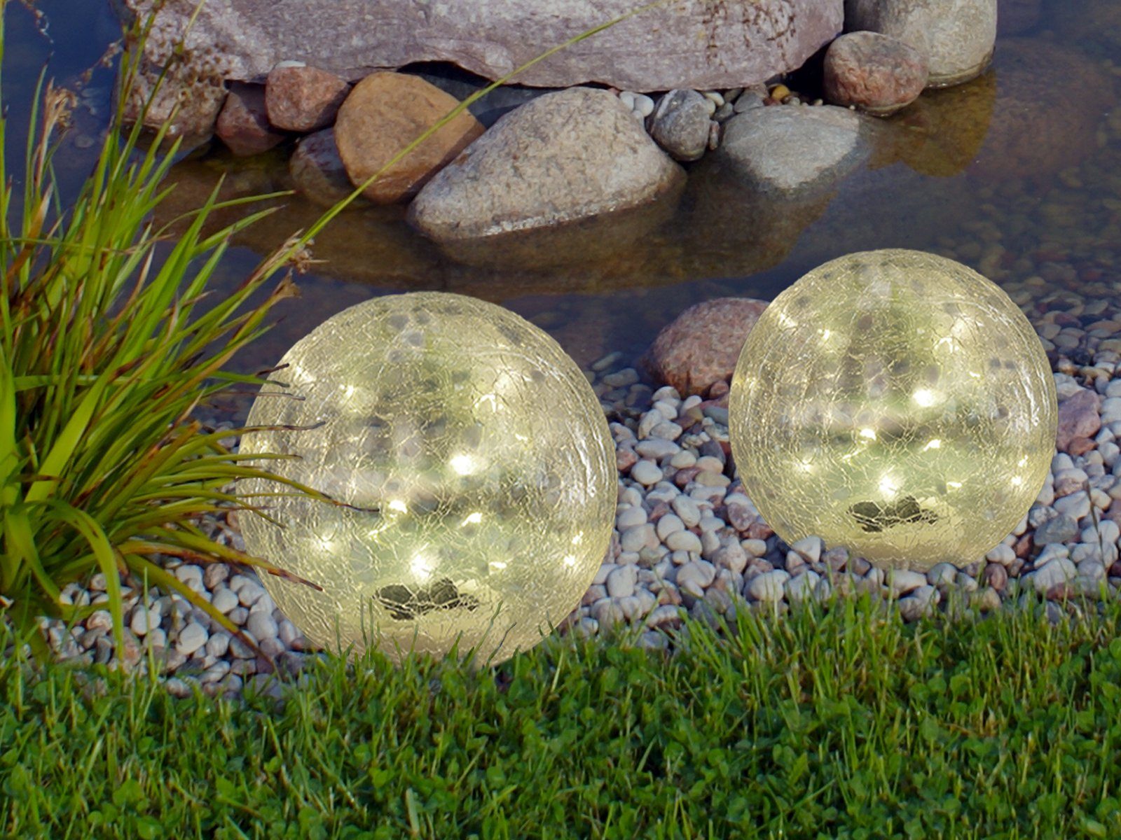 Solarlicht 2er meineWunschleuchte Sokarkugeln fest Garten-kugeln Dämmerungssensor, Warmweiß, Solarleuchte, ausgefallene LED Leuchtkugeln Set integriert, LED