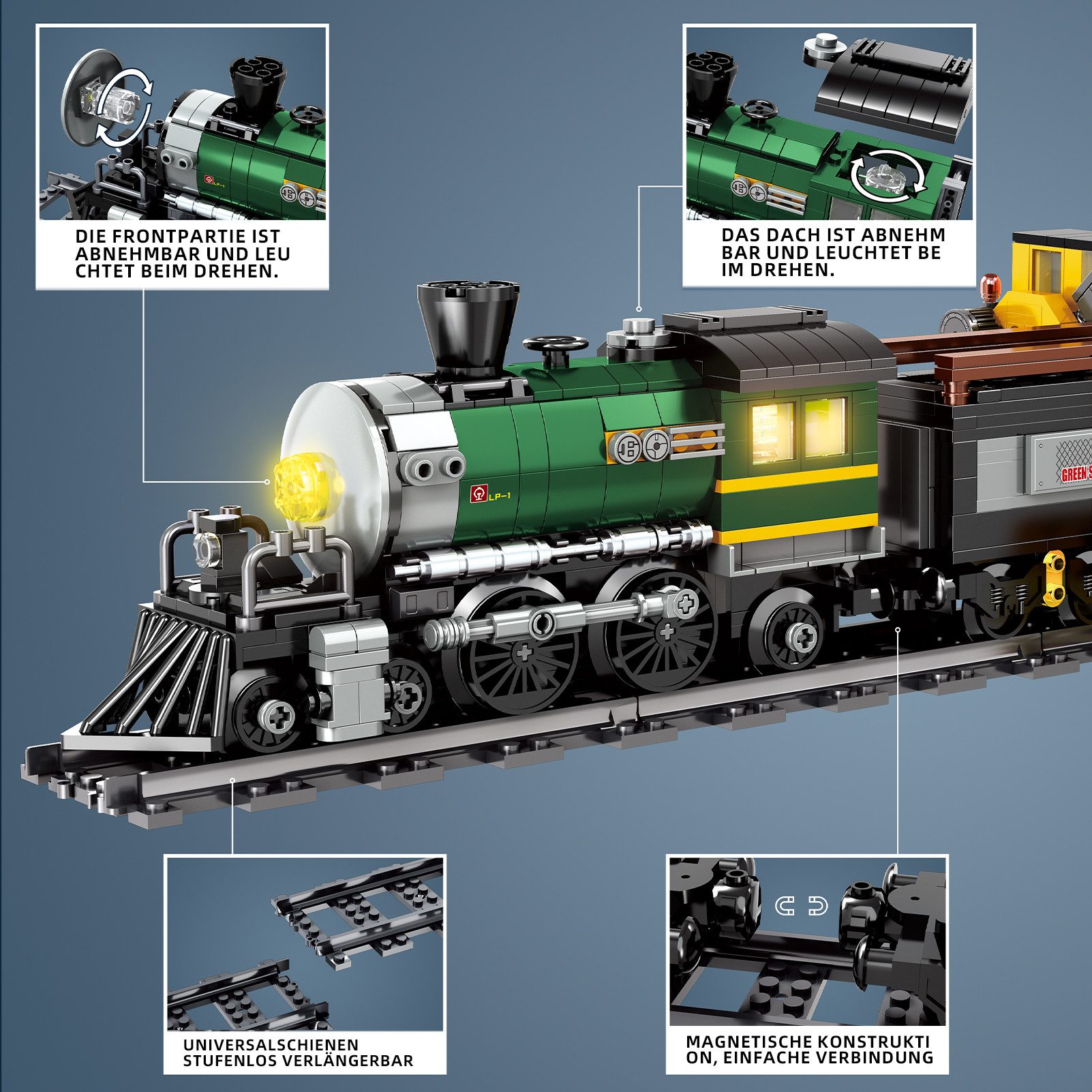 Esun Zug Retro Dampflok Klemmbausteine Set Modell mit Schienen Bauspielzeug Spielbausteine, (Set, 886 St., Komplettset), Zug Eisenbahn Geschenk für Erwachsene ( – Bild 4 von 5