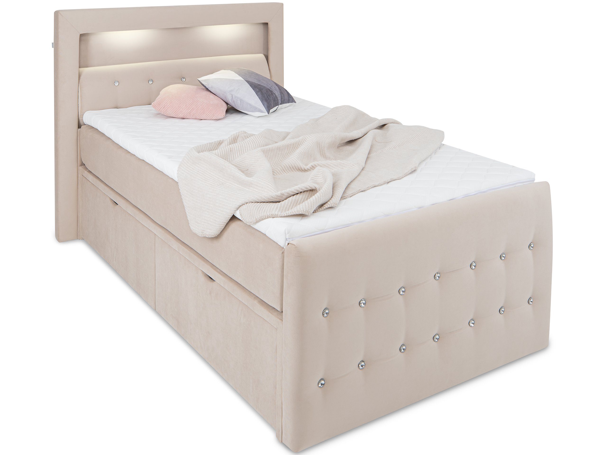 wonello Boxspringbett Girona, mit LED-Beleuchtung, Kristallen und Stauraum, inkl. Topper