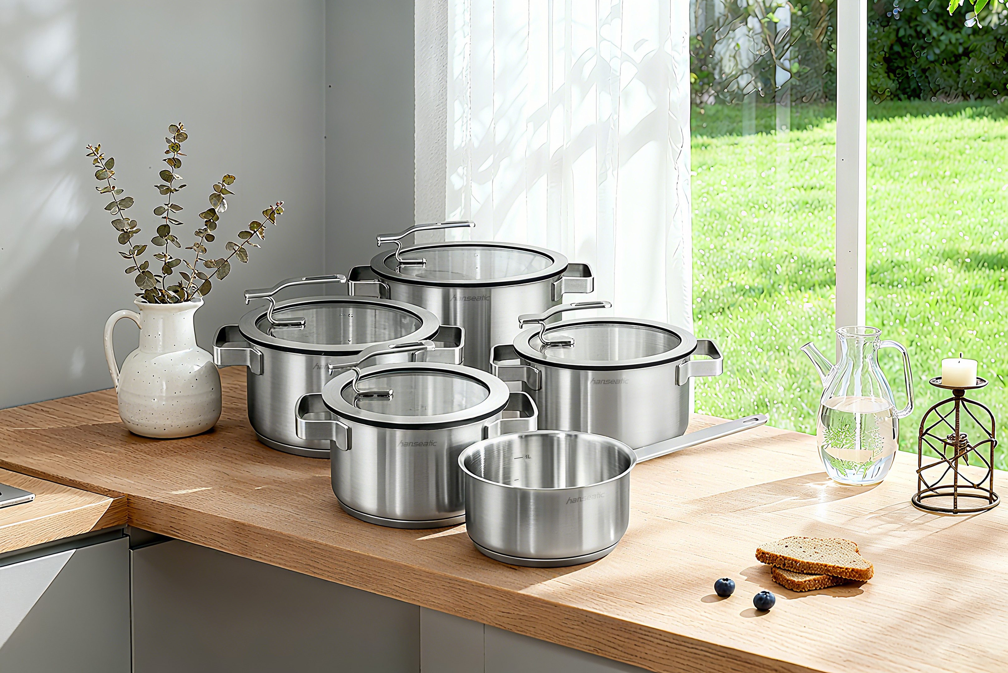 Hanseatic Topf-Set STYLE, Edelstahl 18/10 (Set, 9-tlg., Fleischtopf 1x 16 cm / 2x 20 cm / 1x 24 cm, Stielkasserolle 16 cm), Deckel mit praktischer Aufhänge-Funktion, Induktion