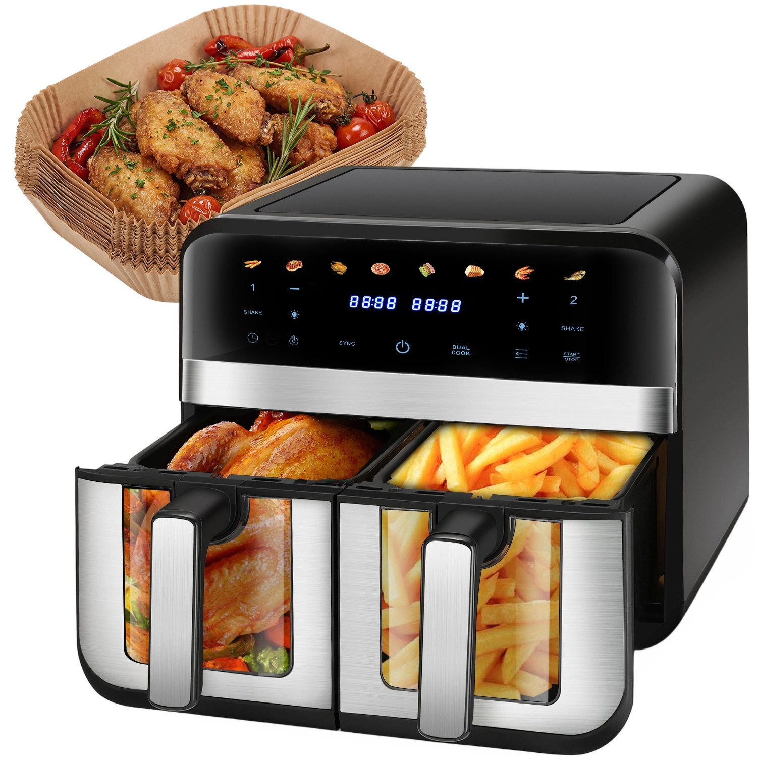 oyajia Heißluftfritteuse 10L Airfryer 2 Kammern (5+5L), Doppelkammer, 8 voreingestellte Programme mit Touchscreen, Dual & Sync-funktion, Spülmaschinenfest, 2600,00 W, 80–200 °C, 0–60 Min. Timer, herausnehmbare Körbe
