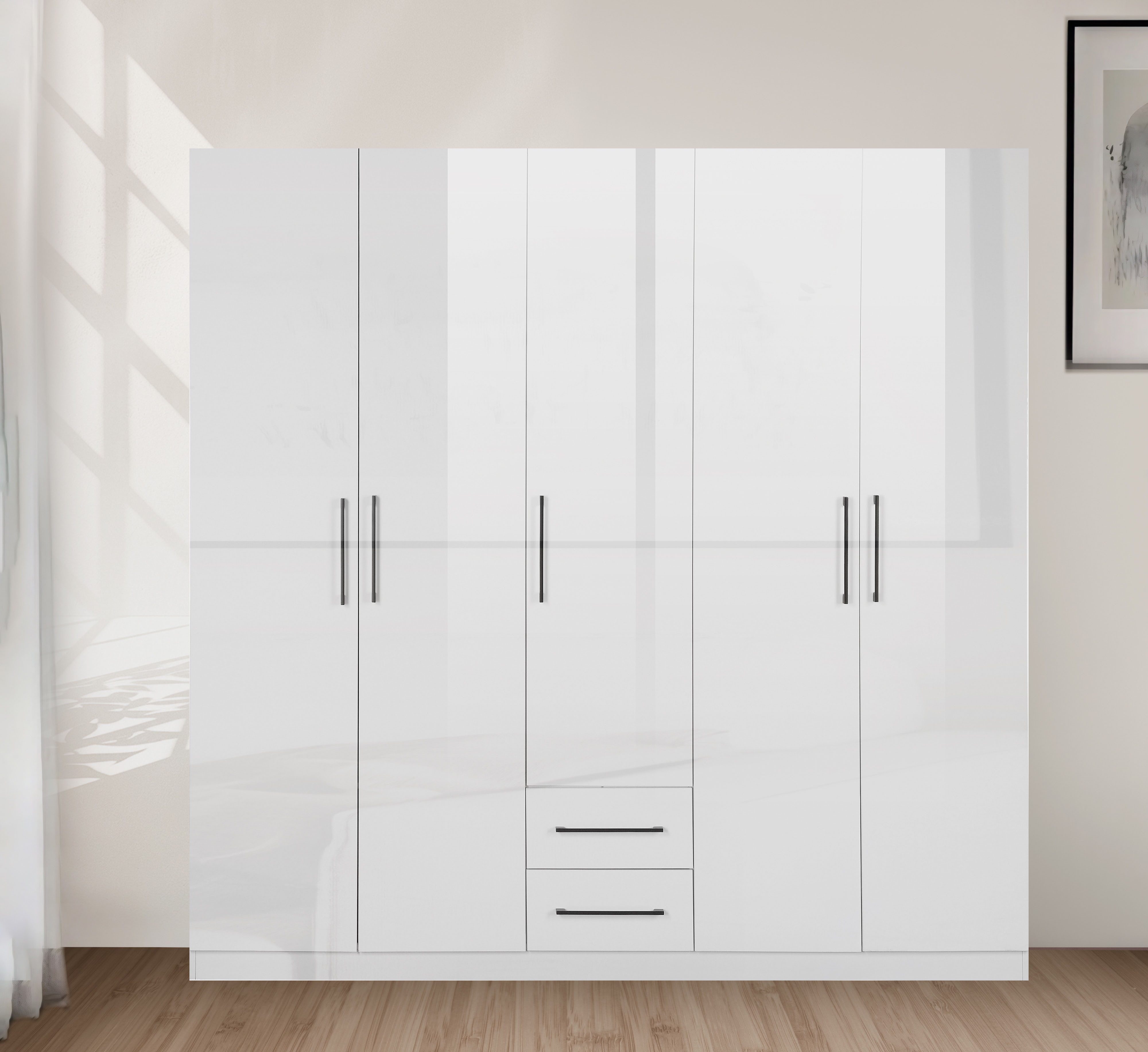 OTTO home Kleiderschrank Sylt Schlafzimmerschrank Garderobe Schrank TOPSELLER in hochglanz weiß (5 Türen, 2 Schubladen, schwarze moderne Griffe, 7 Einlegeböden) Drehtürenschrank mit perfekter Innenausstattung, Breite 200cm