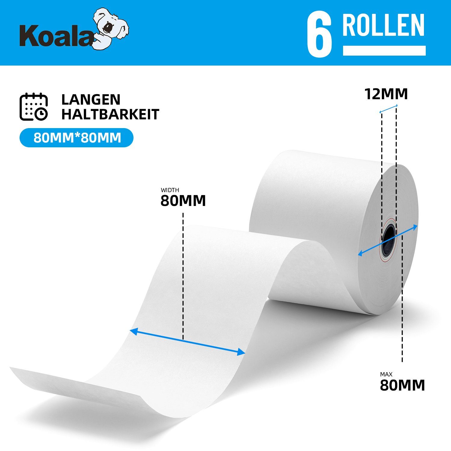 Koala Etikettenpapier 6 Rollen 80x Thermopapier Kassen, Bonrolle für Drucker 80mm