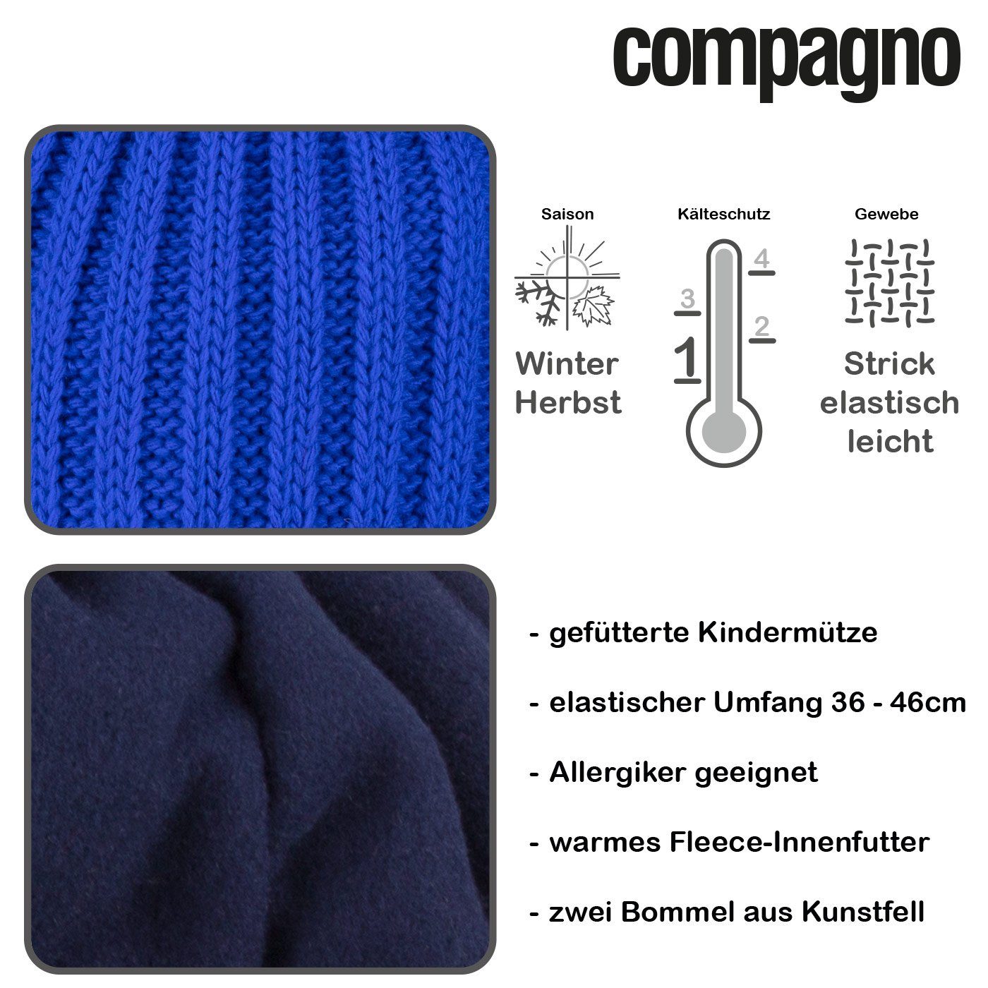 Mütze compagno Kindermütze Beanie (1-St) Mädchen Wintermütze blau Bommelmütze Strickmütze Kinder