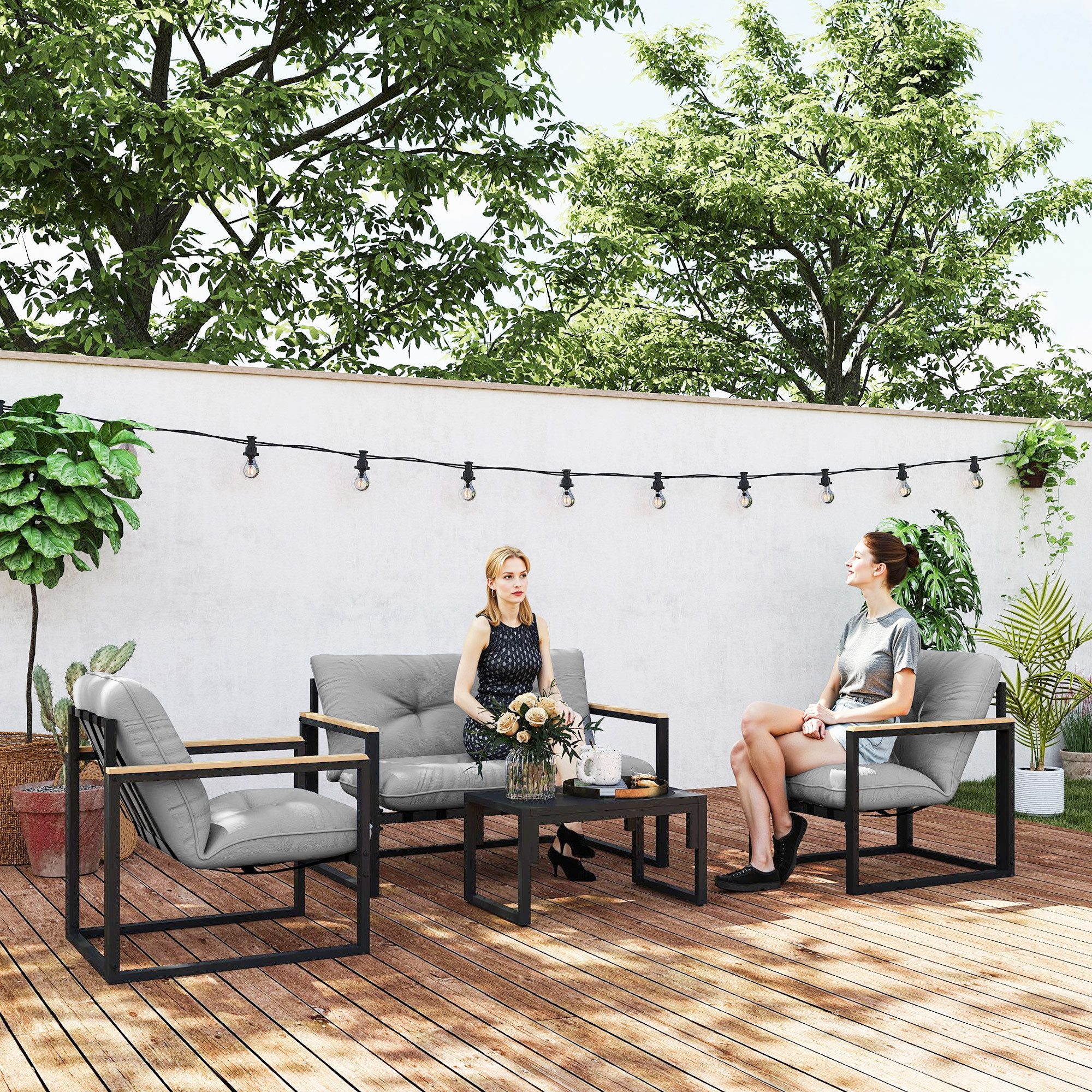 Outsunny Sitzgruppe mit 2er Sofa, Sessel, Sitzkissen, Beistelltisch, (wetterfest Balkonmöbel-Set, 4-tlg., Gartenmöbel Set für 4 Personen), für Garten Balkon Hellgrau
