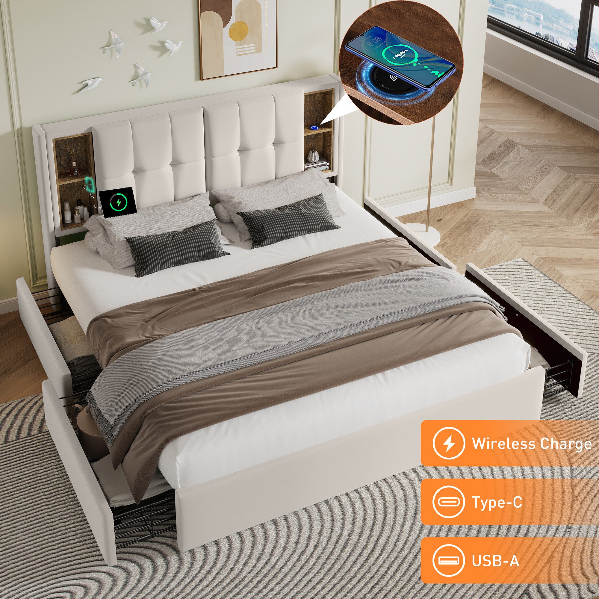 Flieks Polsterbett, Doppelbett 160x200cm Kabelloses Laden/USB/Typ-c günstig online kaufen